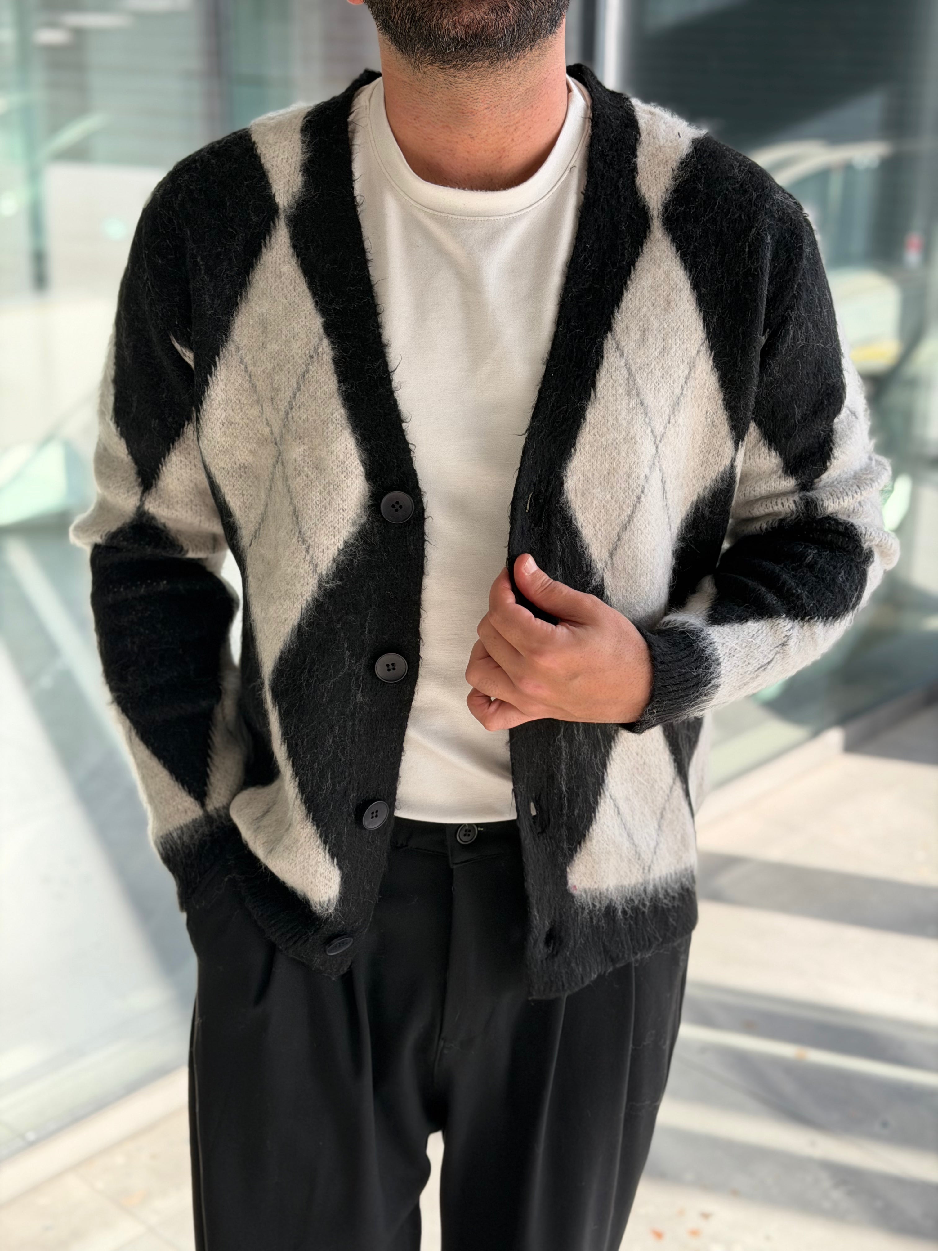 Erkek Baklava Desenli Hırka - Siyah Bej - HRK03