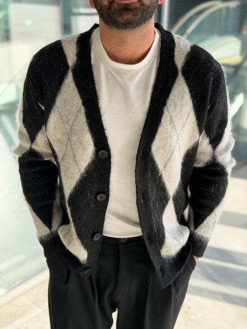 Erkek Baklava Desenli Hırka - Siyah Bej - HRK03