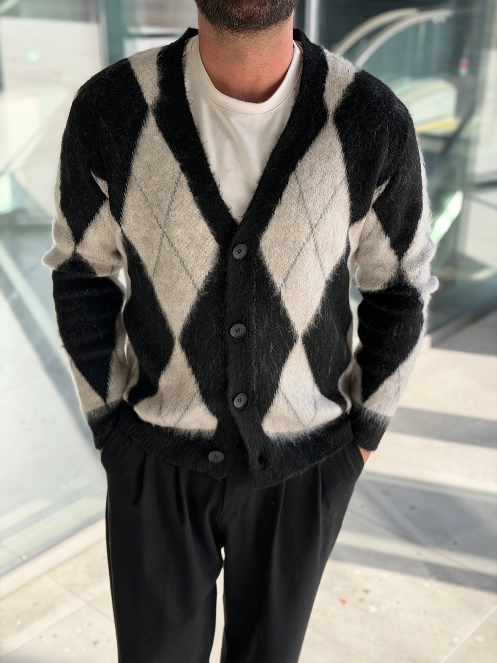 Erkek Baklava Desenli Hırka - Siyah Bej - HRK03