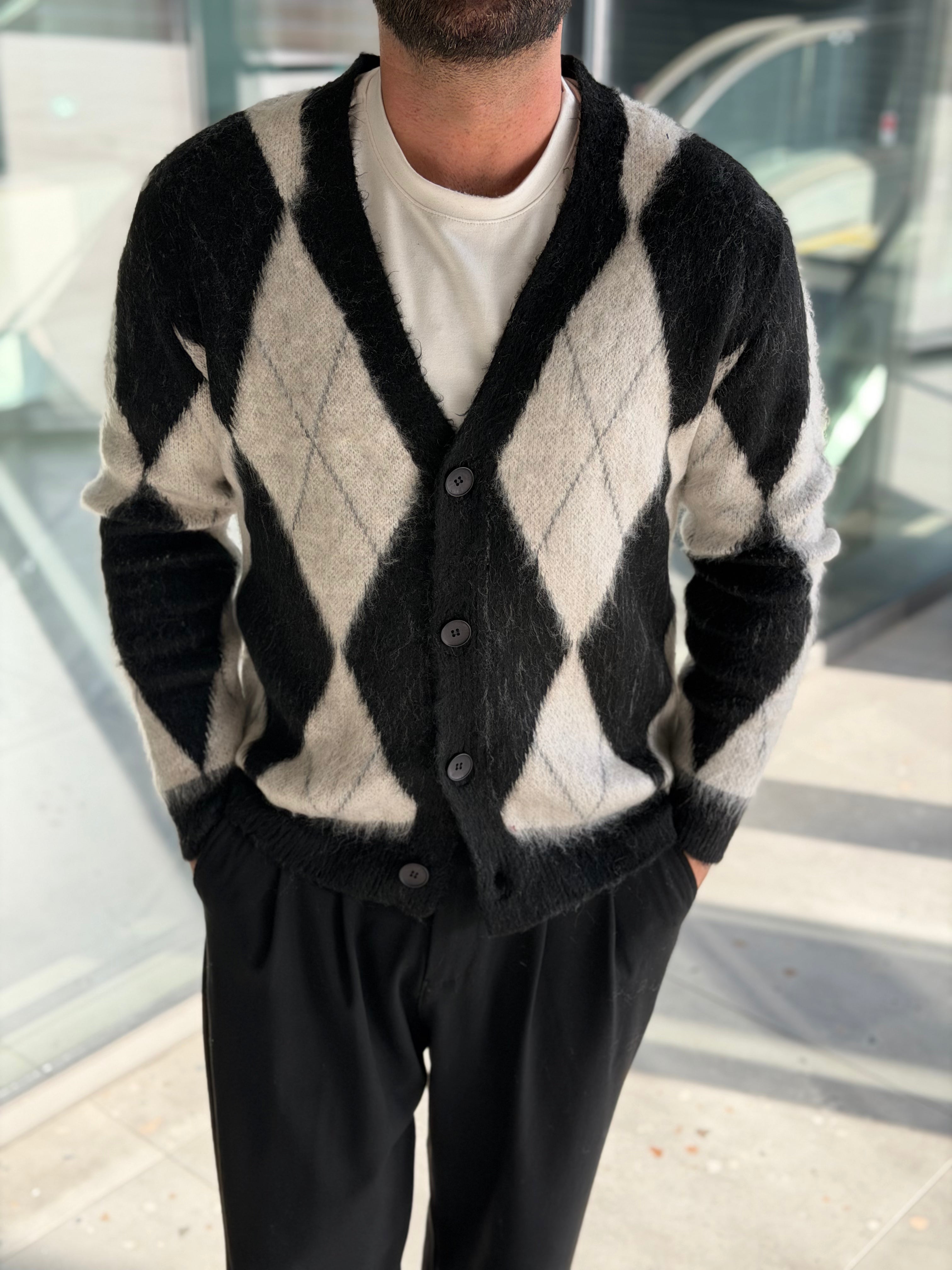 Erkek Baklava Desenli Hırka - Siyah Bej - HRK03