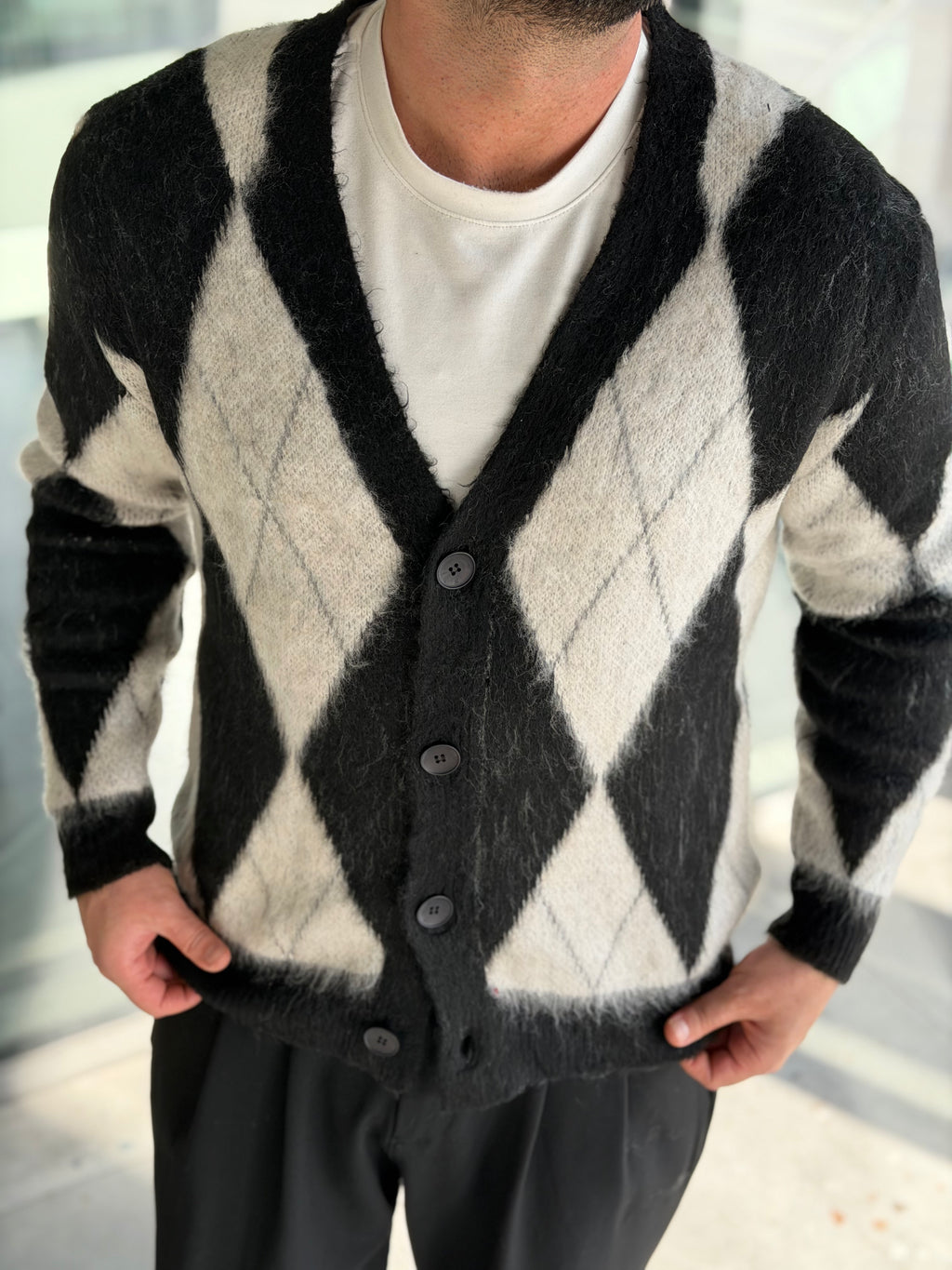 Erkek Baklava Desenli Hırka - Siyah Bej - HRK03