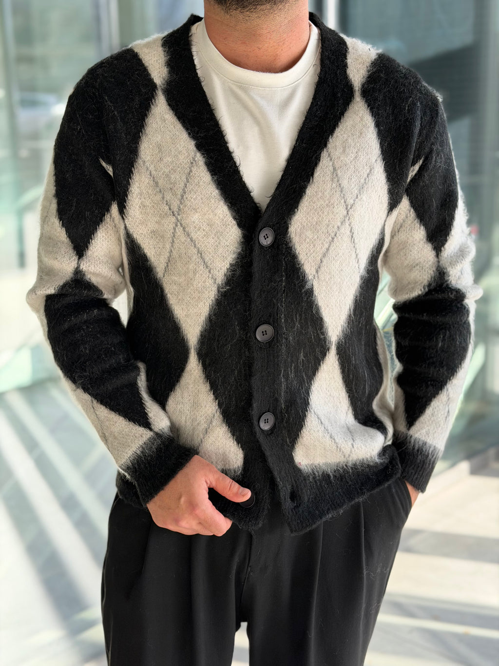 Erkek Baklava Desenli Hırka - Siyah Bej - HRK03