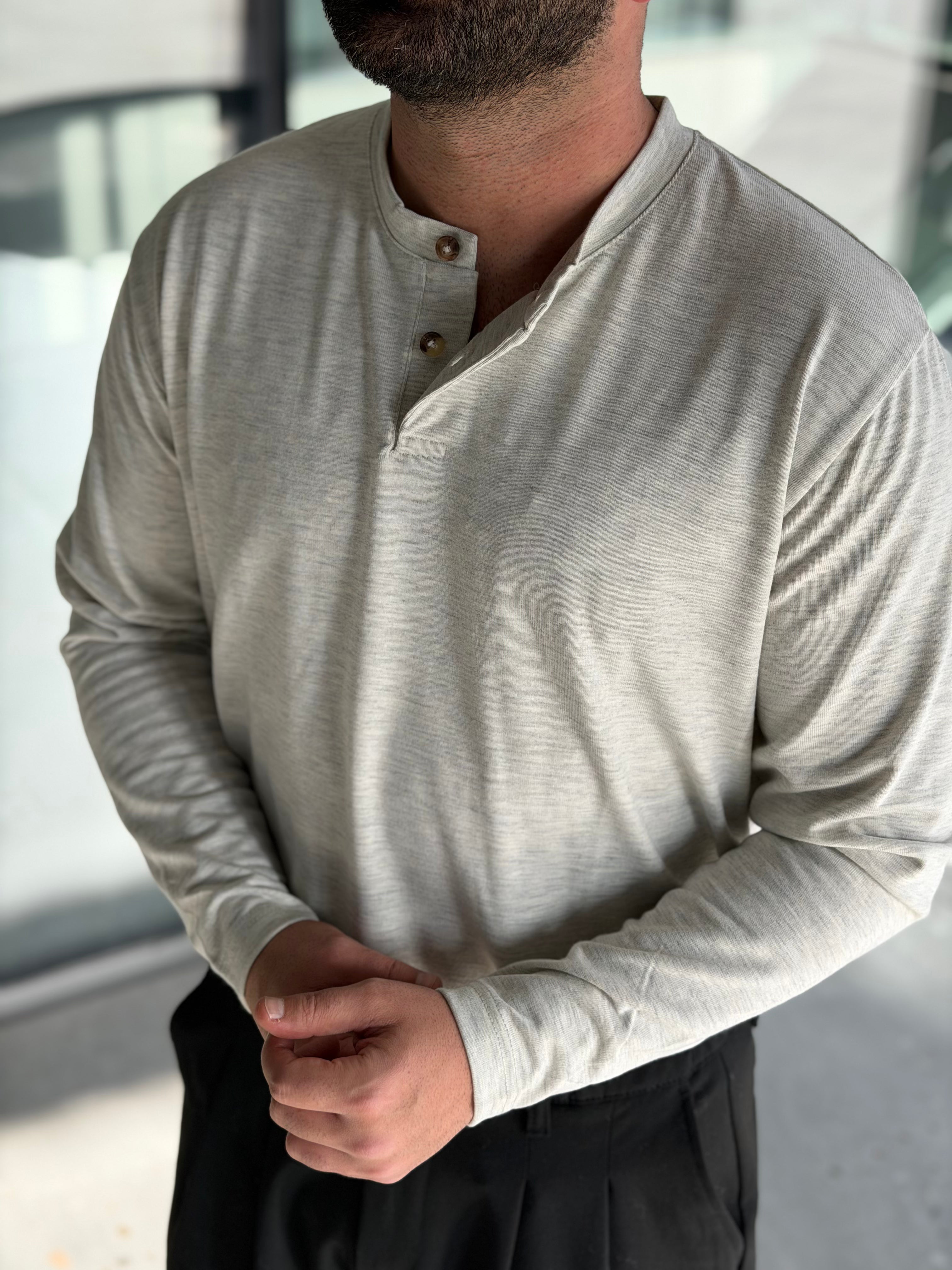 Henley Yaka Uzun Kollu Tshirt - Gri HNLY03