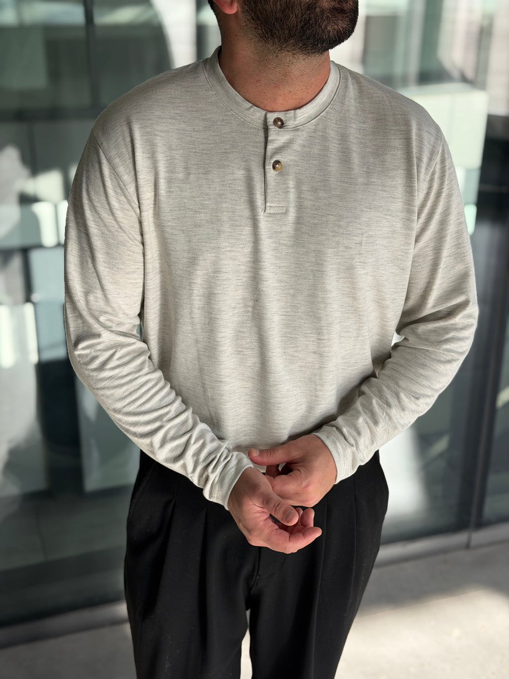 Henley Yaka Uzun Kollu Tshirt - Gri HNLY03