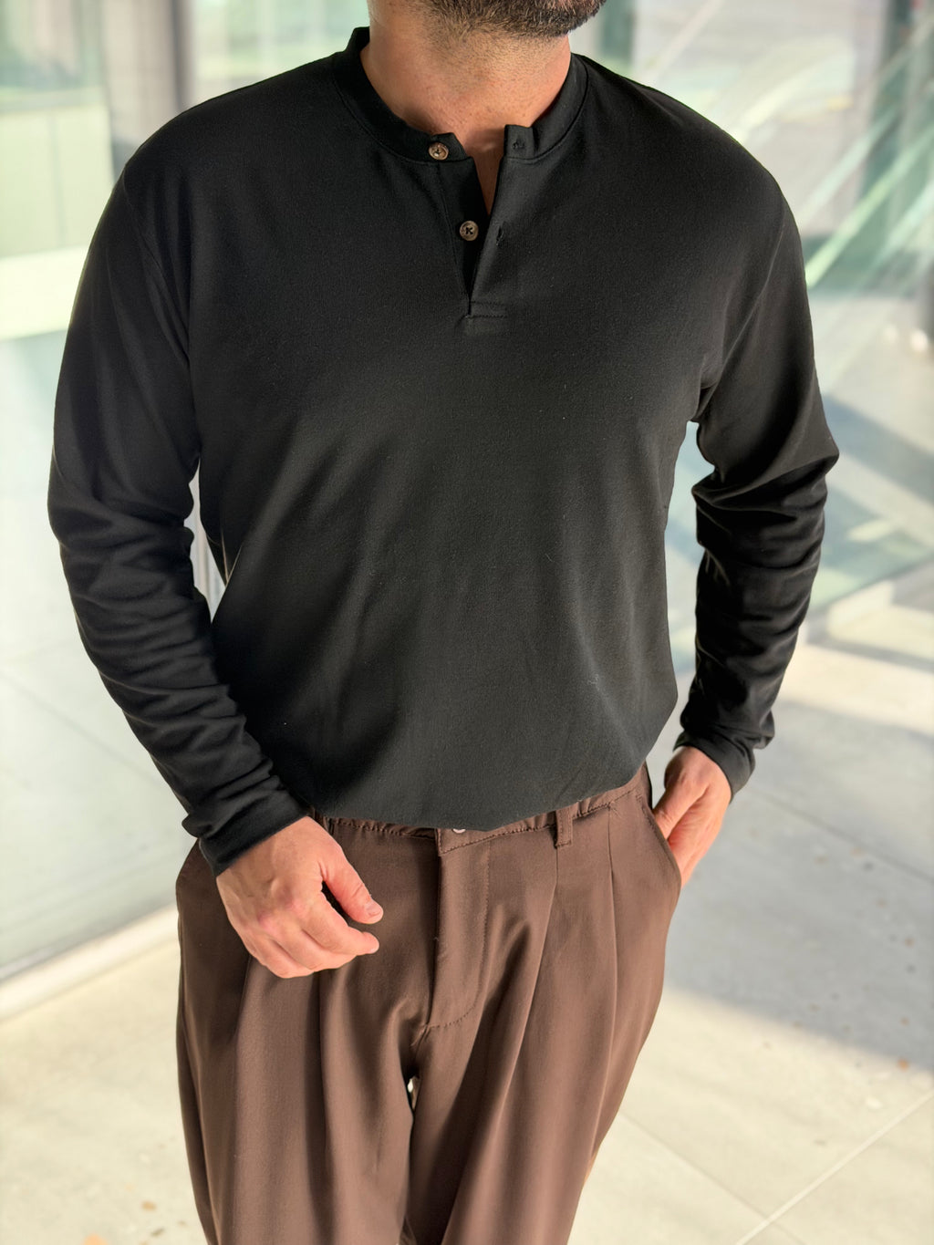 Henley Yaka Uzun Kollu Tshirt - Siyah HNLY01