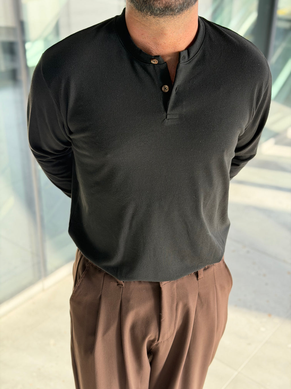 Henley Yaka Uzun Kollu Tshirt - Siyah HNLY01