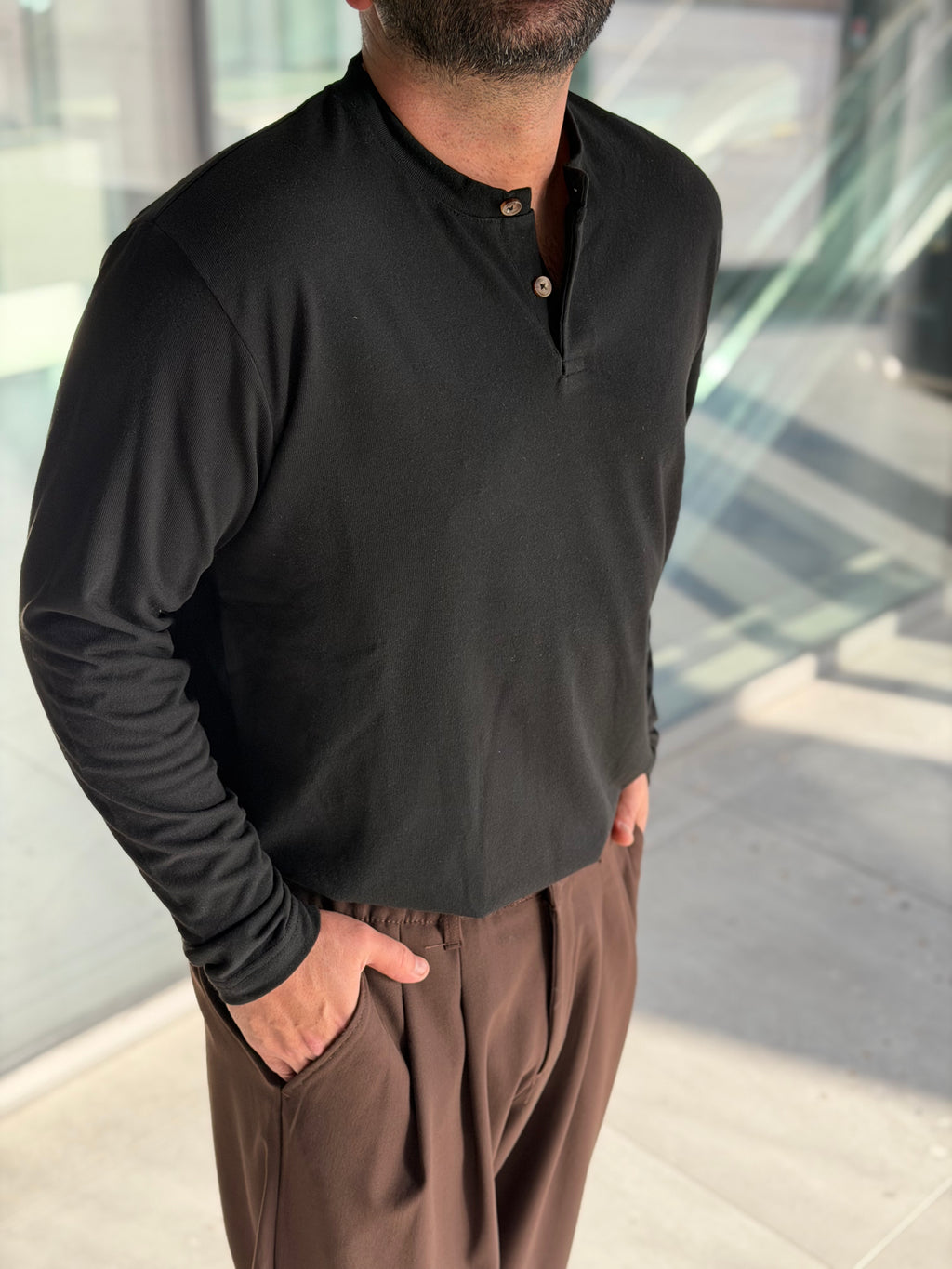 Henley Yaka Uzun Kollu Tshirt - Siyah HNLY01