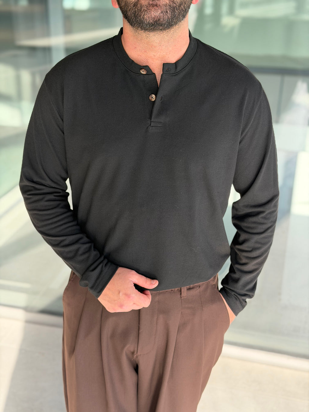 Henley Yaka Uzun Kollu Tshirt - Siyah HNLY01
