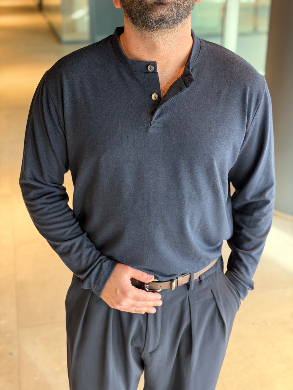 Henley Yaka Uzun Kollu Tshirt - Lacivert HNLY02