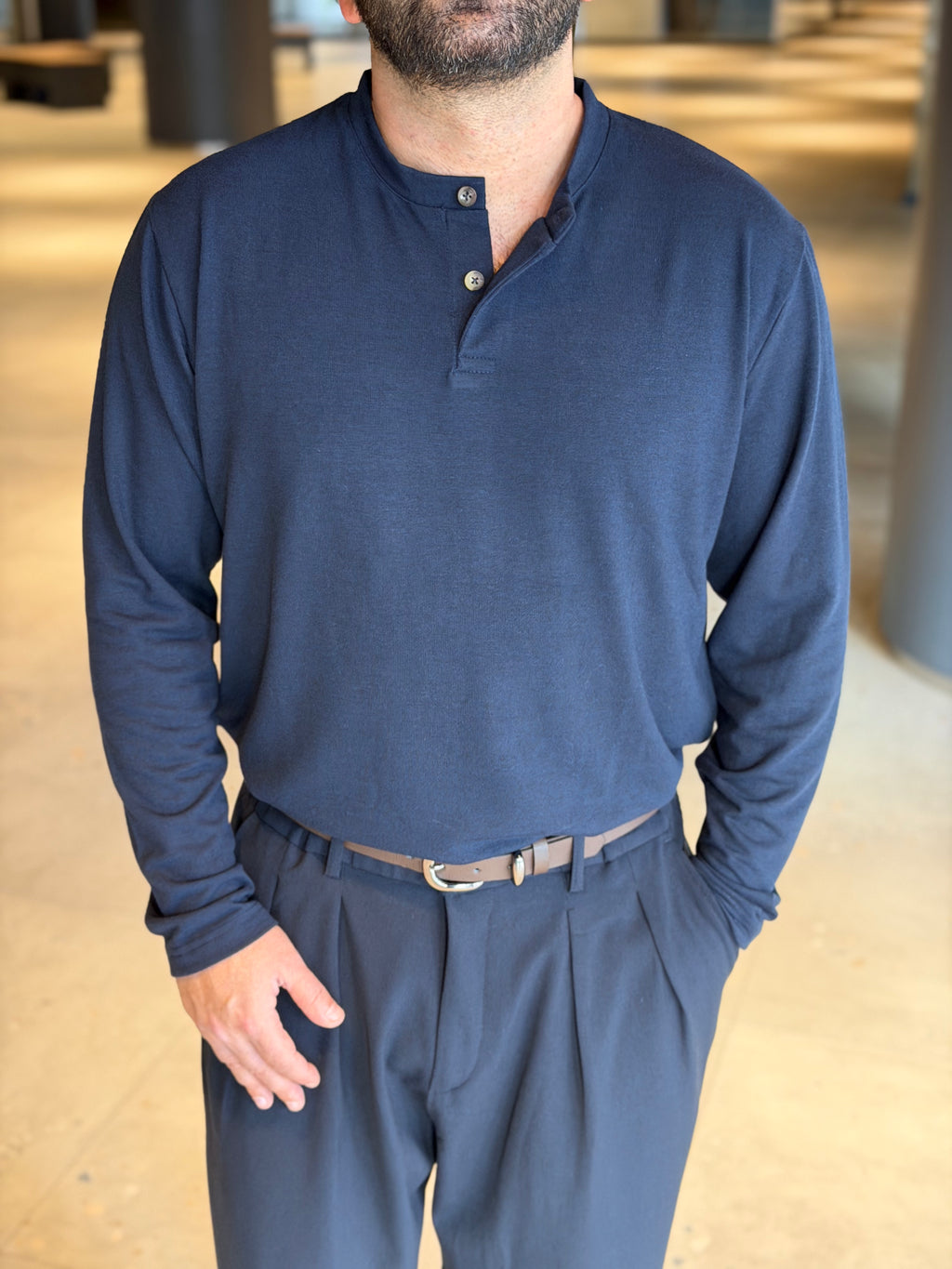 Henley Yaka Uzun Kollu Tshirt - Lacivert HNLY02