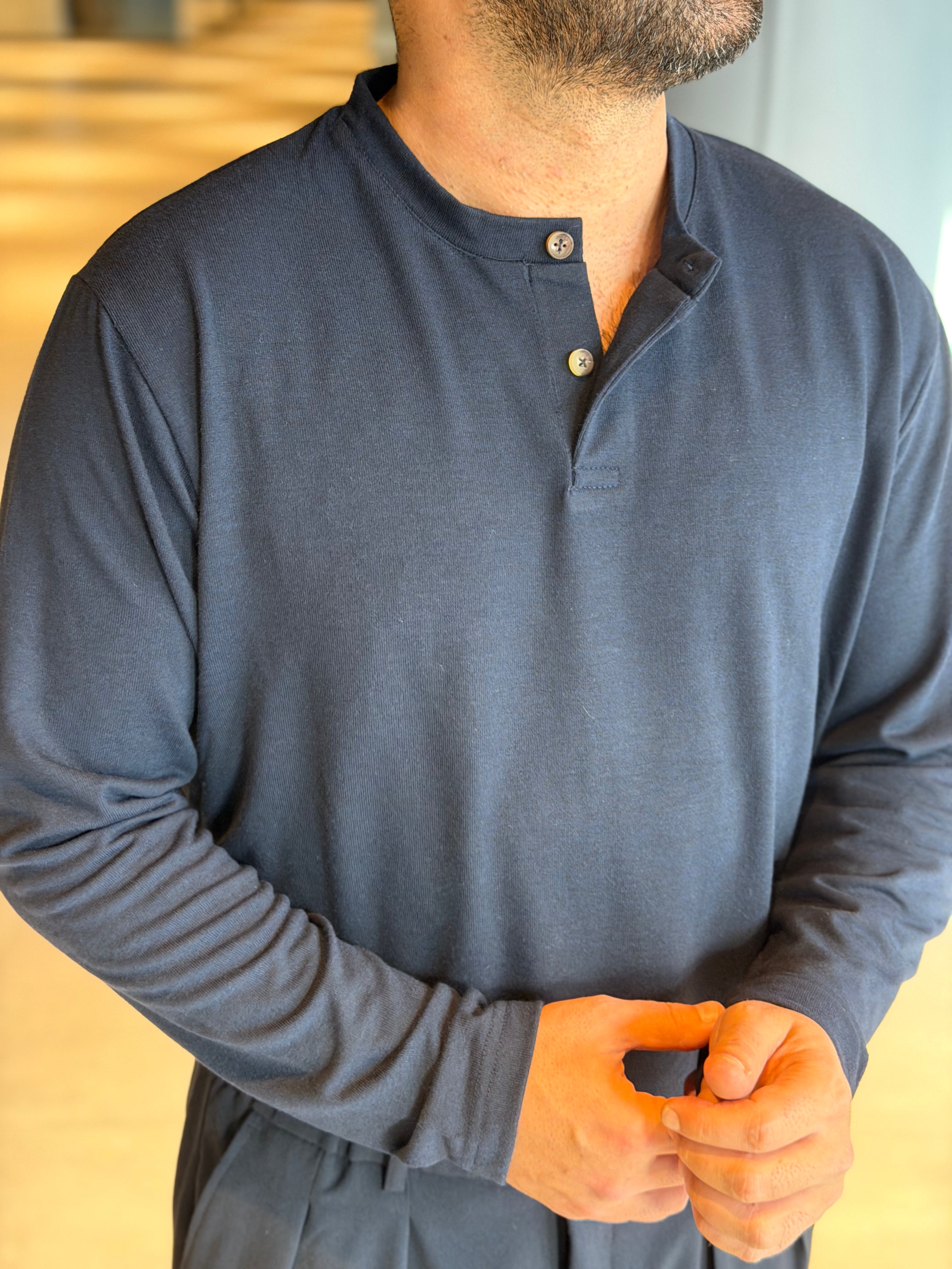 Henley Yaka Uzun Kollu Tshirt - Lacivert HNLY02