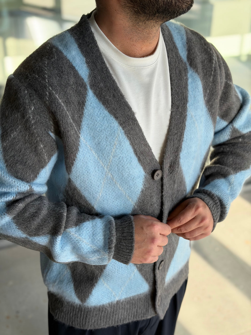 Erkek Baklava Desenli Hırka - Mavi Gri - HRK01