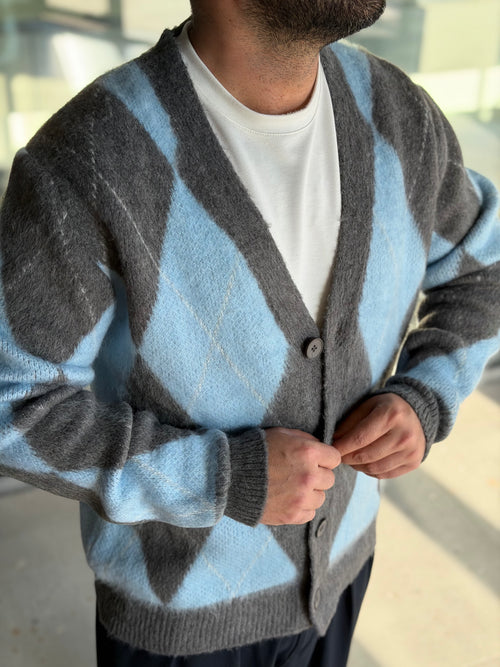 Erkek Baklava Desenli Hırka - Mavi Gri - HRK01