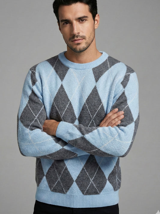 Erkek Baklava Desenli Kazak - Mavi Gri