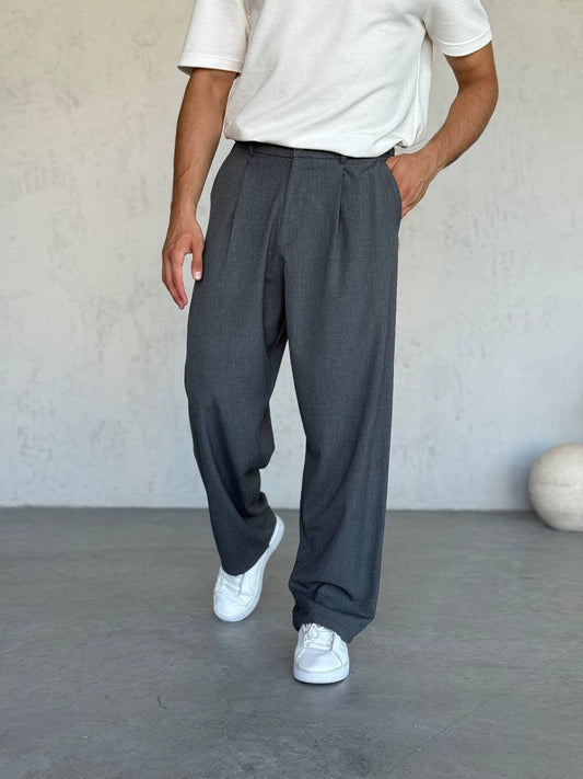 Erkek Baggy Pileli Pantolon Koyu Gri