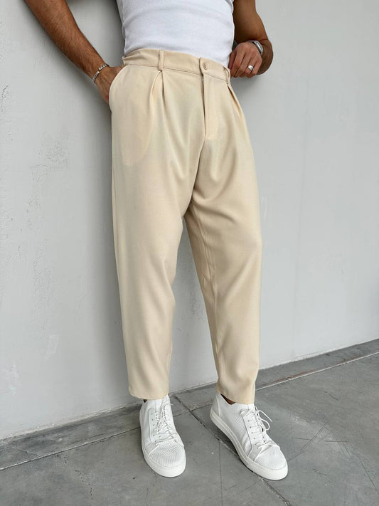 Erkek Boy Friend Pileli Pantolon Krem