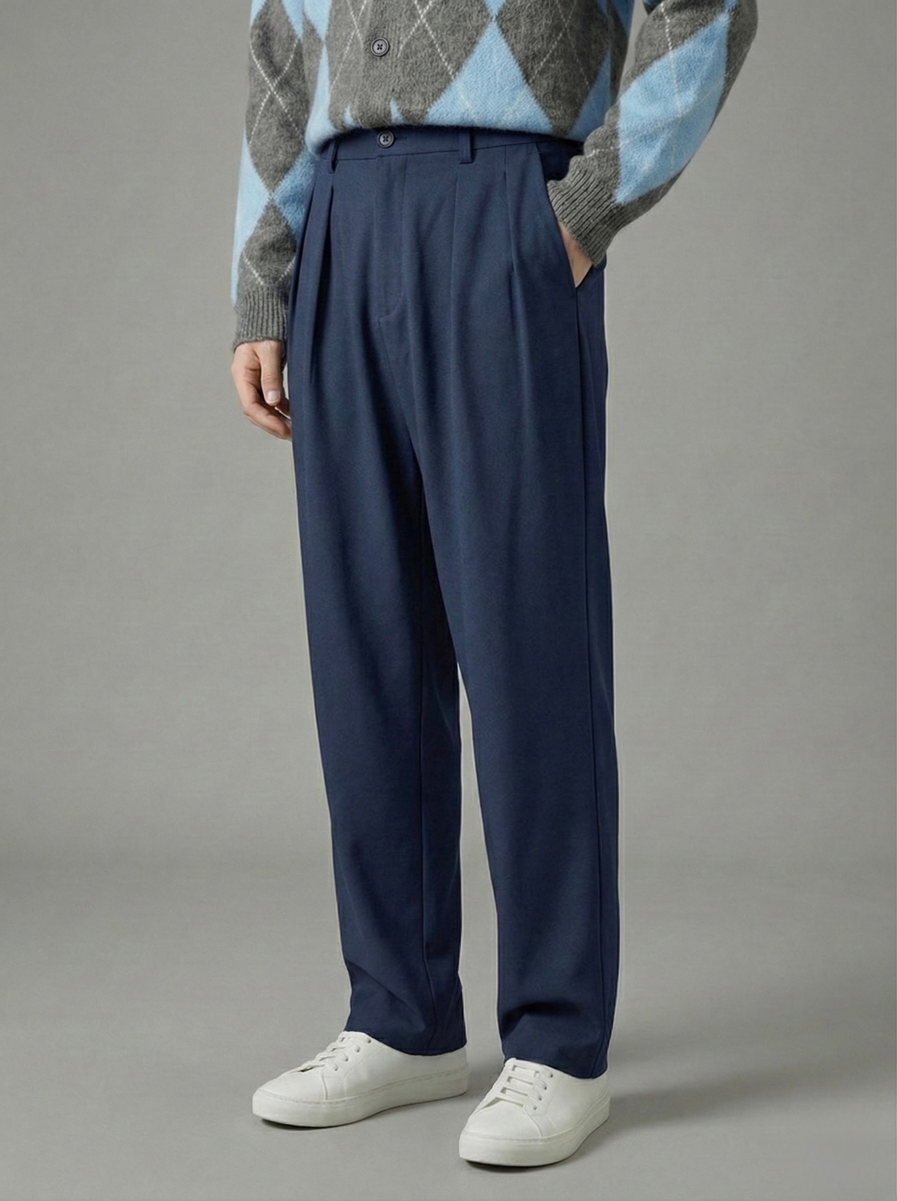 Erkek Standart Baggy Kalıp Çift Pileli Kumaş Pantolon -  Lacivert BGY03