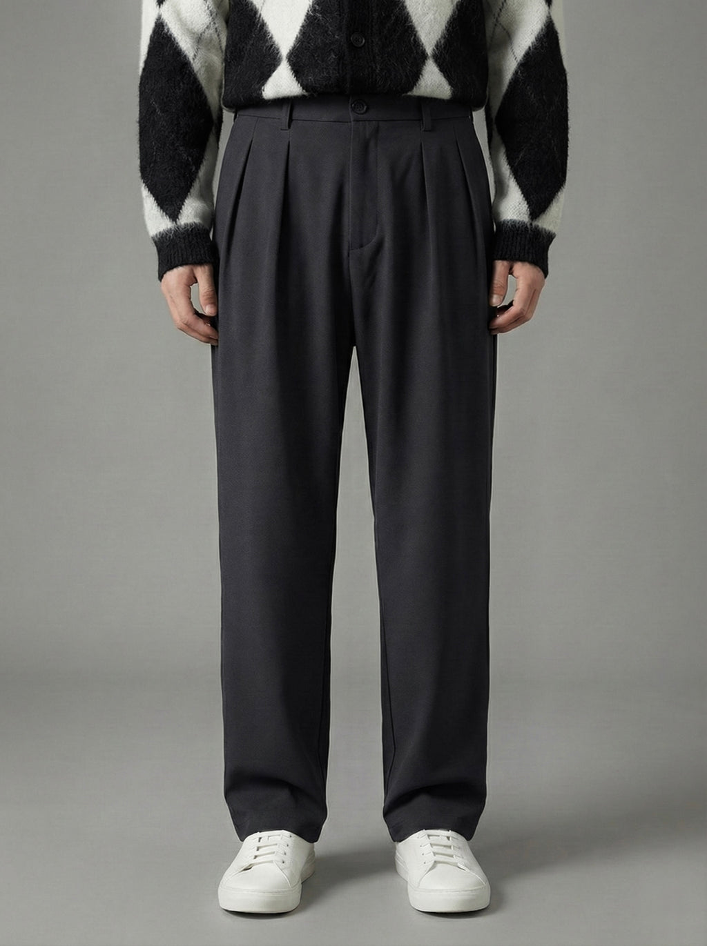 Erkek Standart Baggy Kalıp Çift Pileli Kumaş Pantolon -  Siyah BGY02