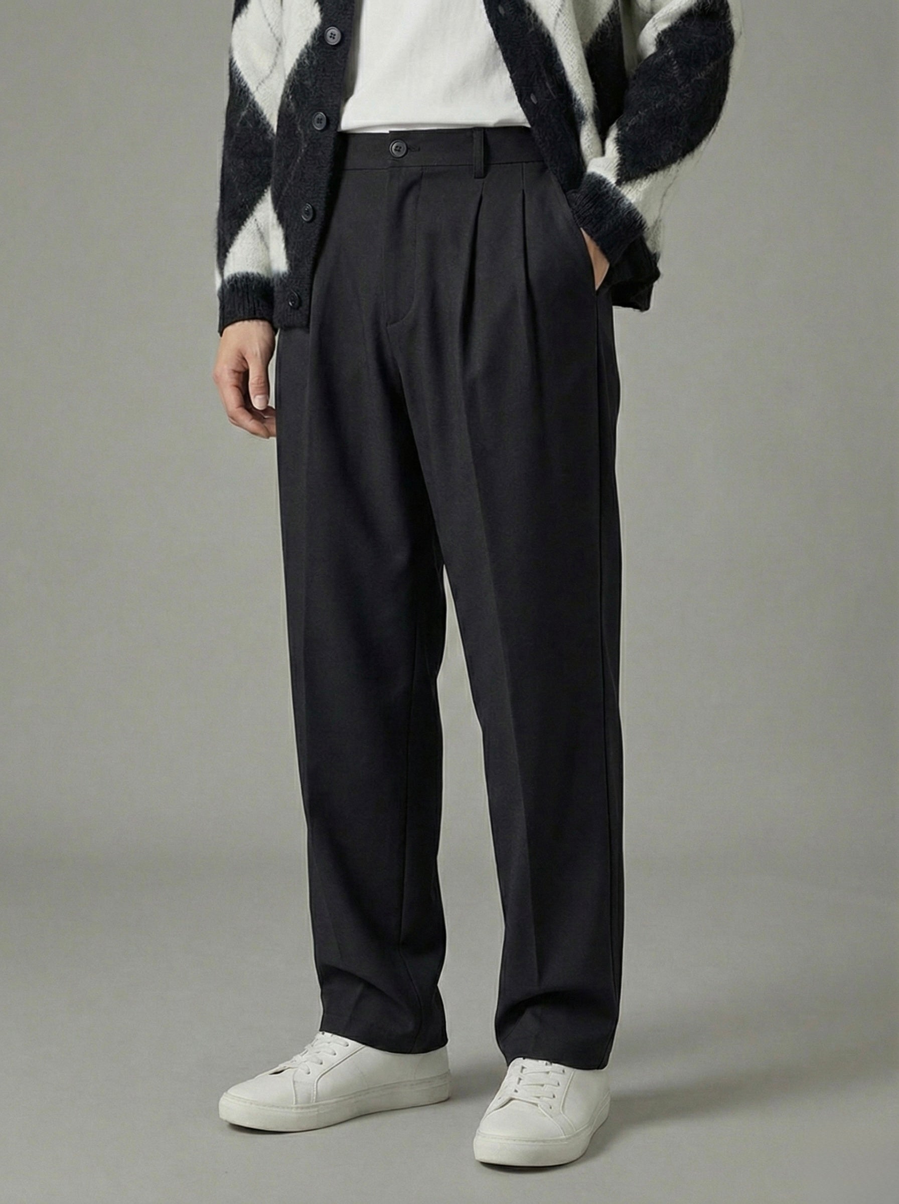 Erkek Standart Baggy Kalıp Çift Pileli Kumaş Pantolon -  Siyah BGY02