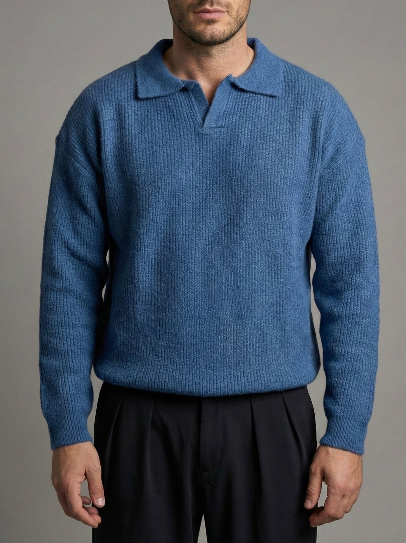 Erkek Premium Geniş Polo Yaka Triko - Mavi PYT02