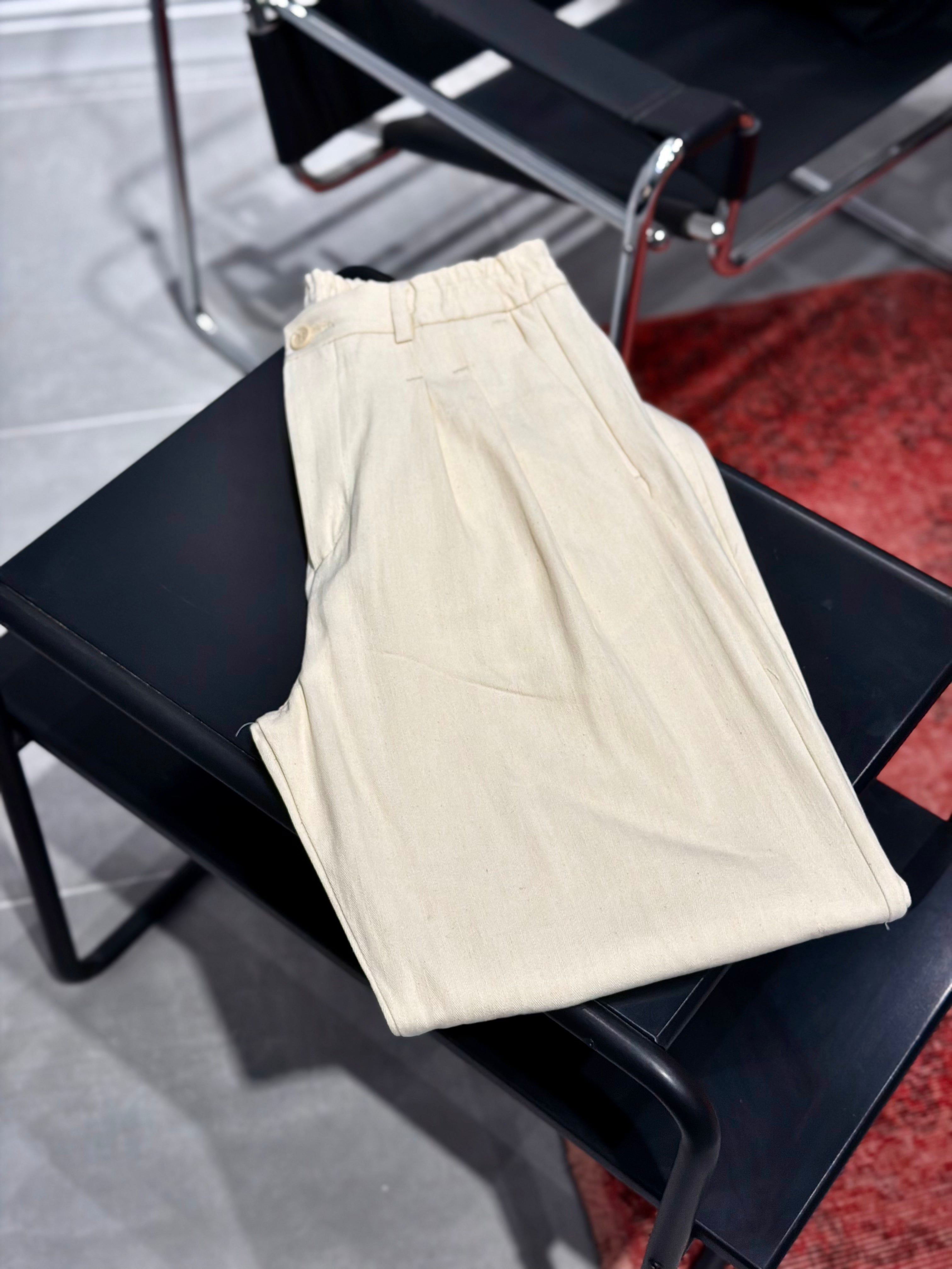 Erkek Standart Baggy Pileli Çizgili Kumaş Pantolon -  Kırık Beyaz BGY13