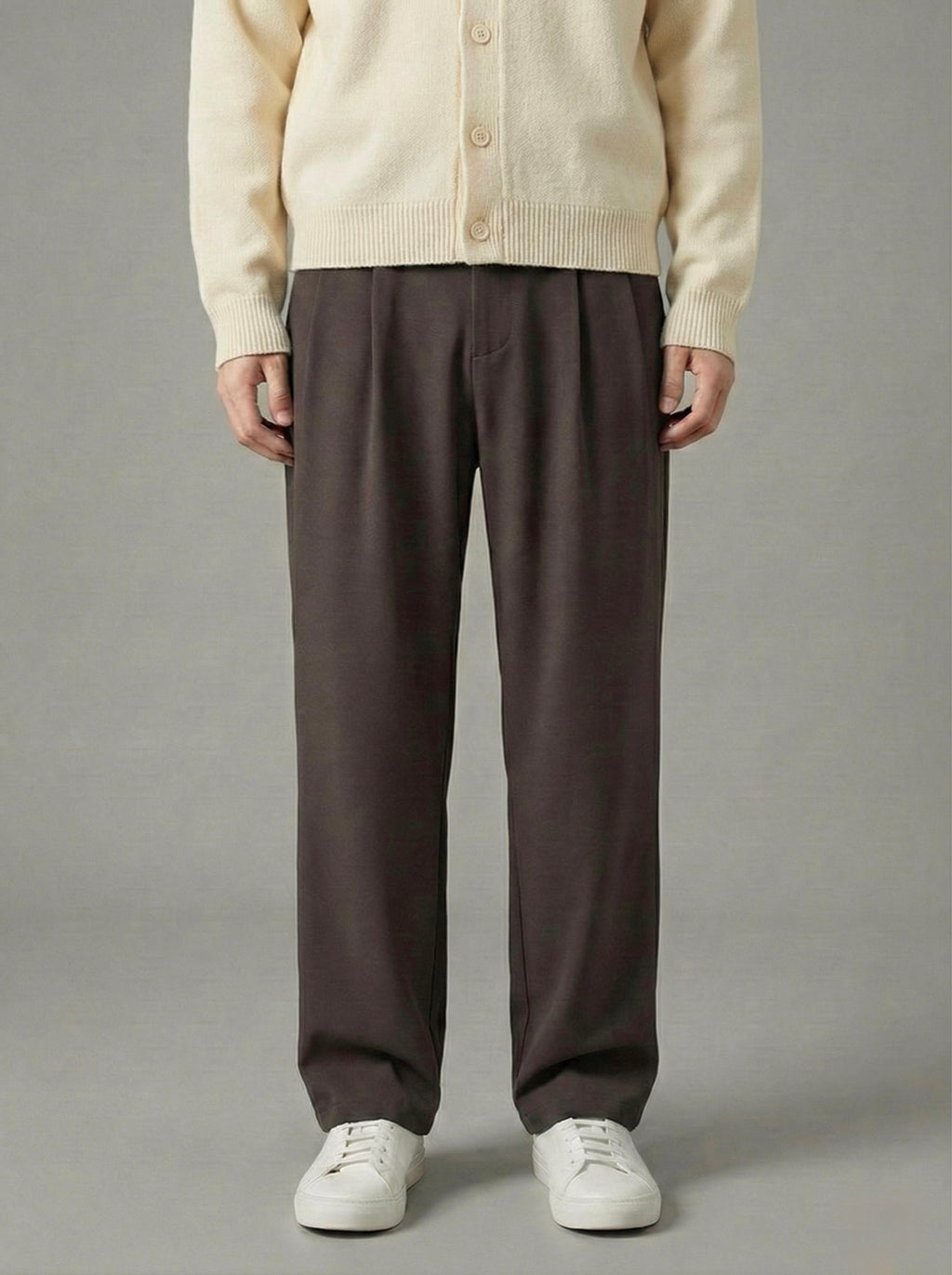 Erkek Standart Baggy Kalıp Çift Pileli Kumaş Pantolon -  Kahverengi BGY04