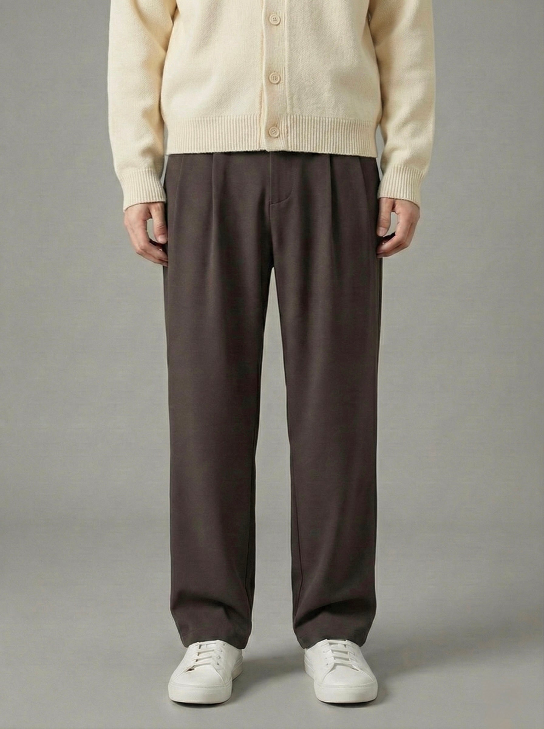 Erkek Standart Baggy Kalıp Çift Pileli Kumaş Pantolon -  Kahverengi BGY04