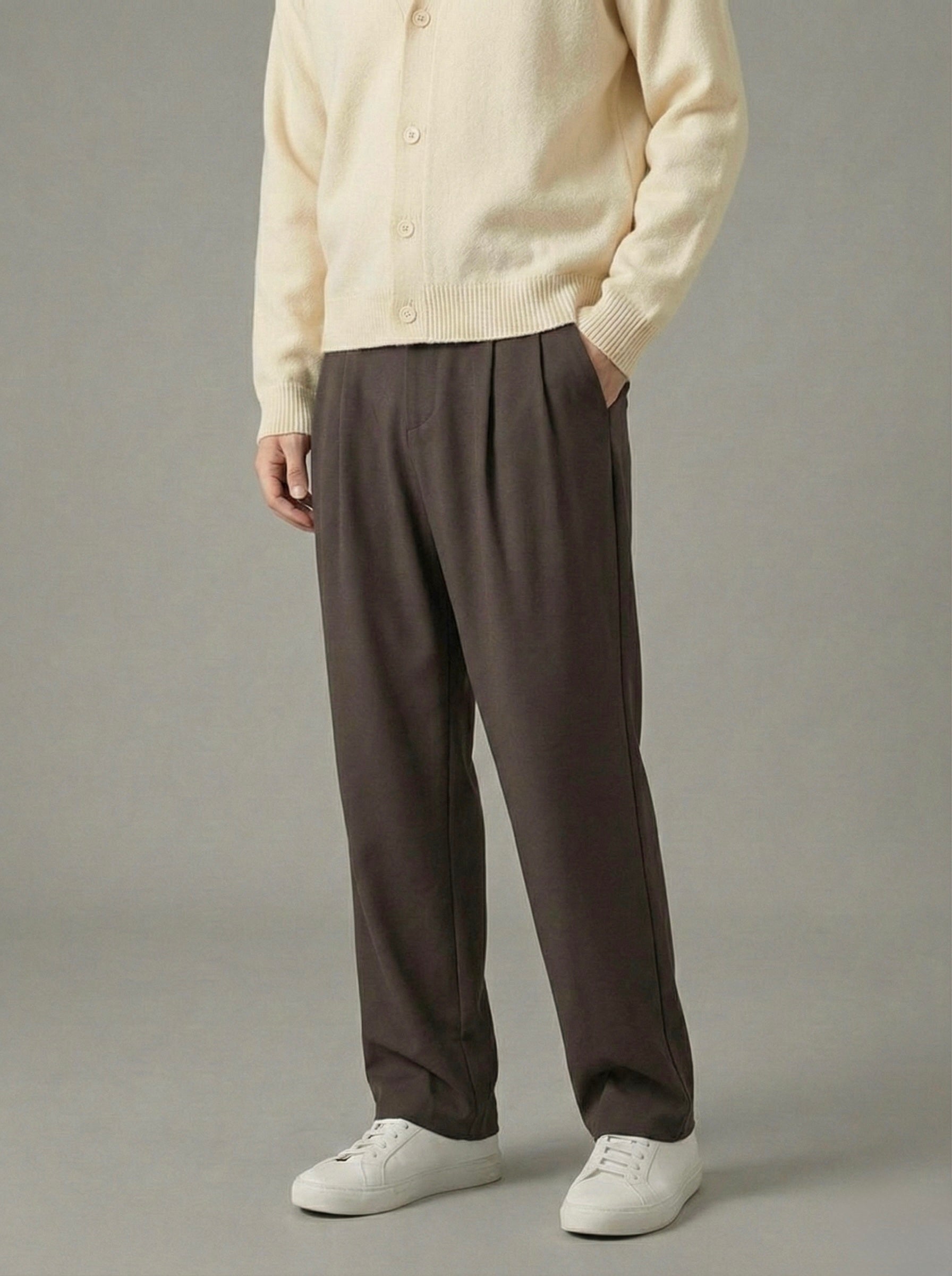 Erkek Standart Baggy Kalıp Çift Pileli Kumaş Pantolon -  Kahverengi BGY04