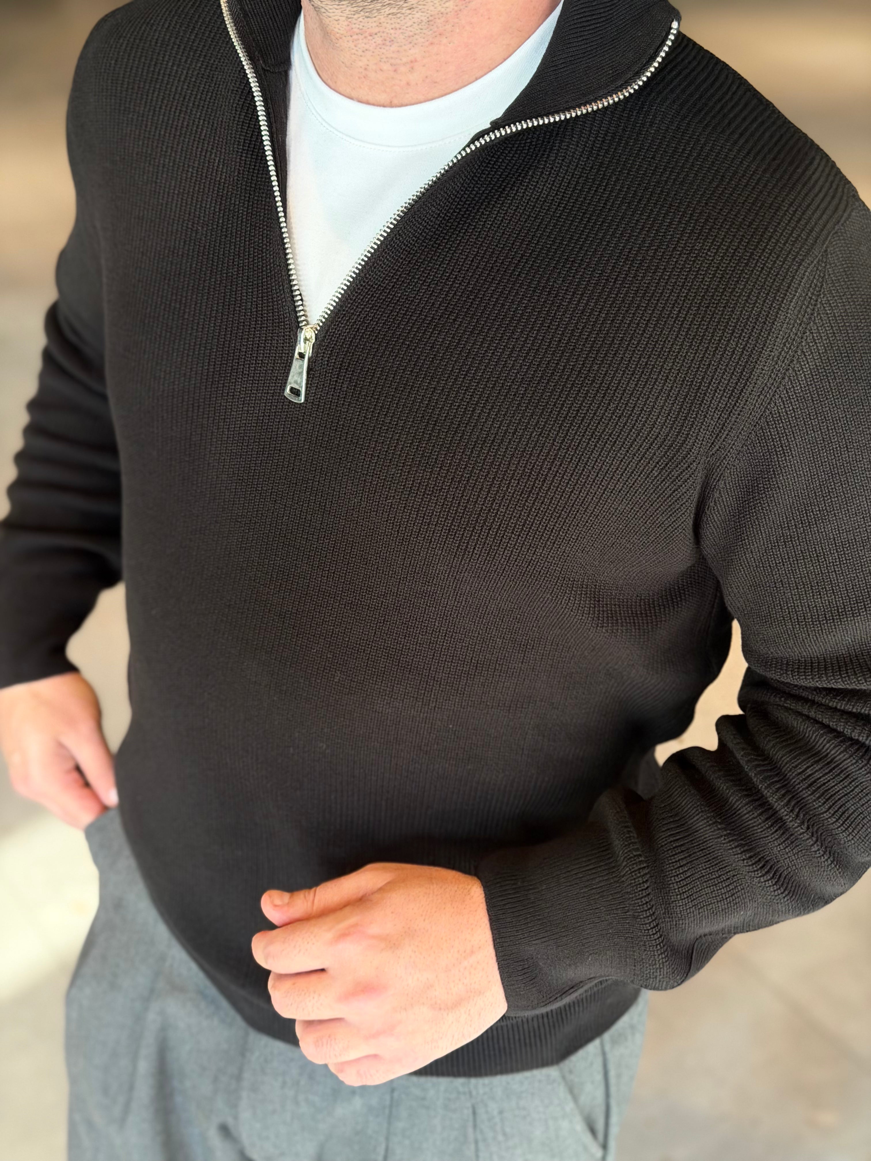 Erkek Yarım Fermuarlı Kazak - Siyah FRM01