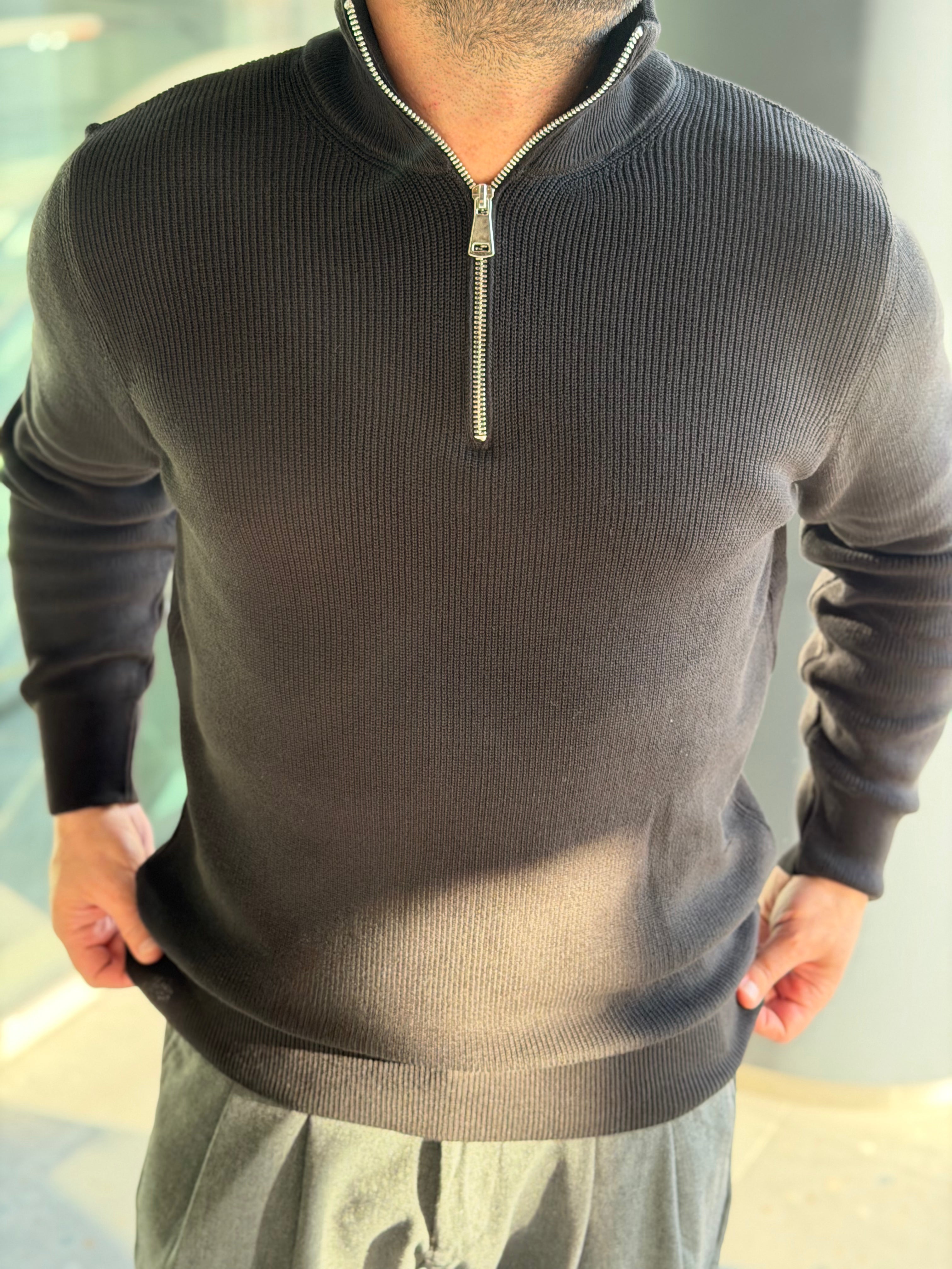 Erkek Yarım Fermuarlı Kazak - Siyah FRM01