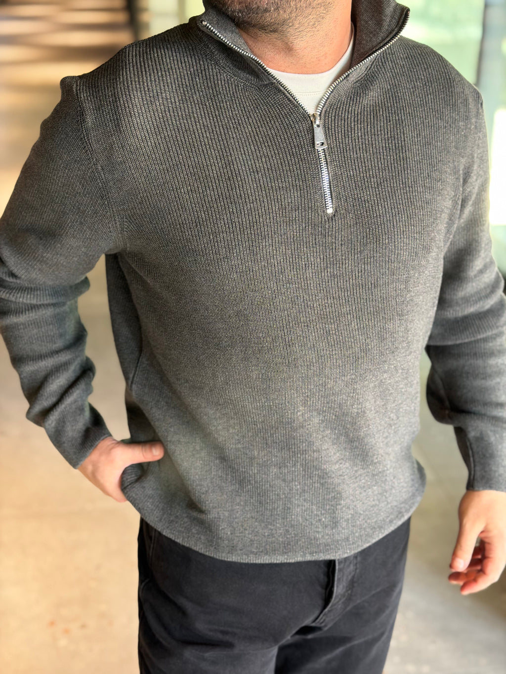 Erkek Yarım Fermuarlı Kazak - Koyu Gri FRM03