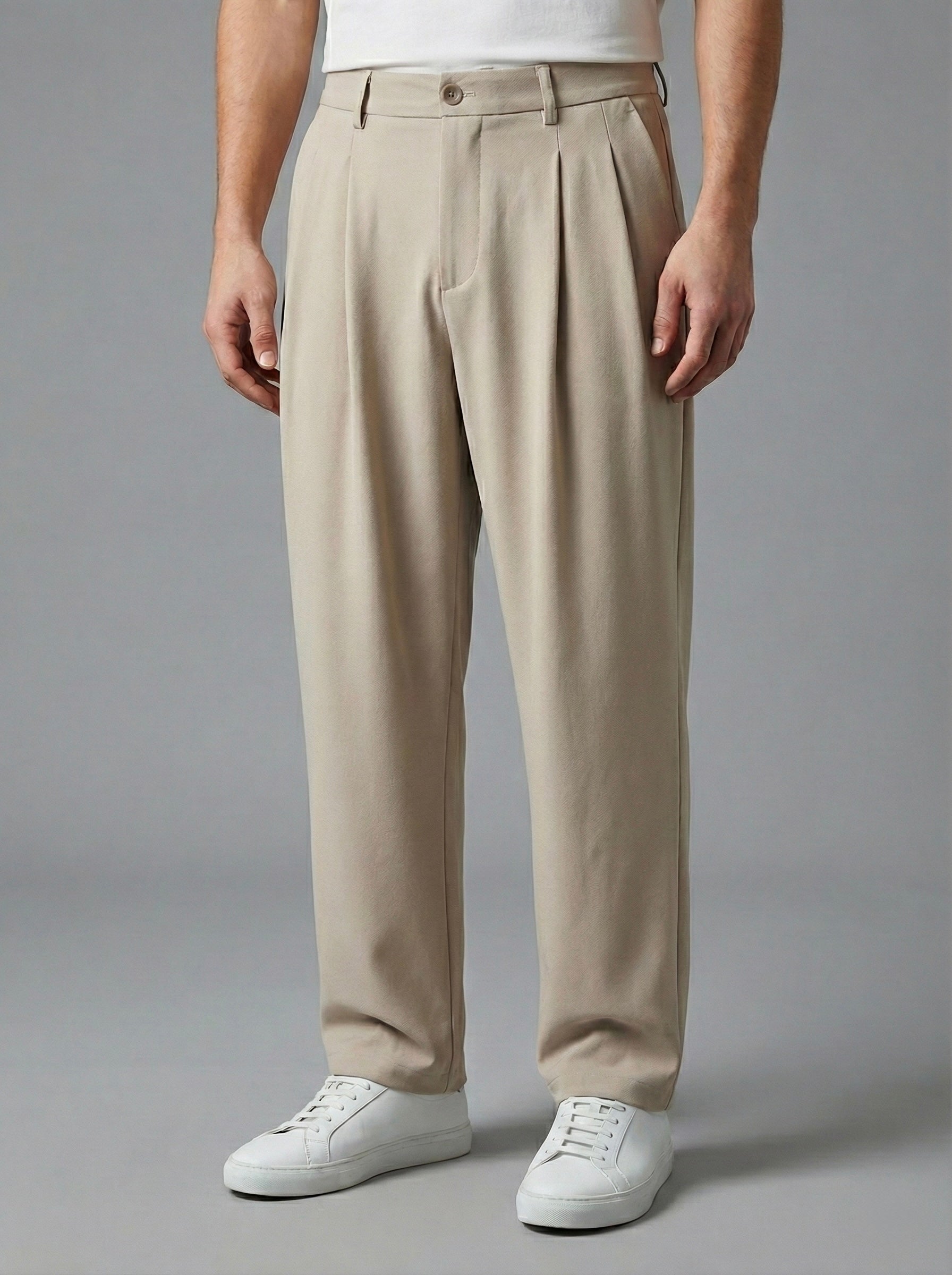 Erkek Standart Baggy Kalıp Çift Pileli Kumaş Pantolon -  Bej BGY05