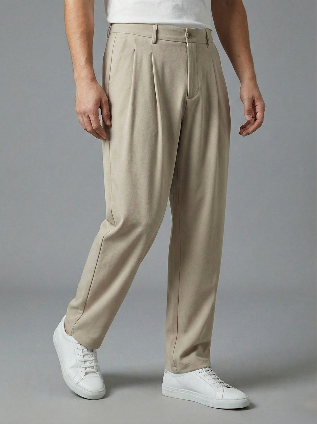 Erkek Standart Baggy Kalıp Çift Pileli Kumaş Pantolon -  Bej BGY05