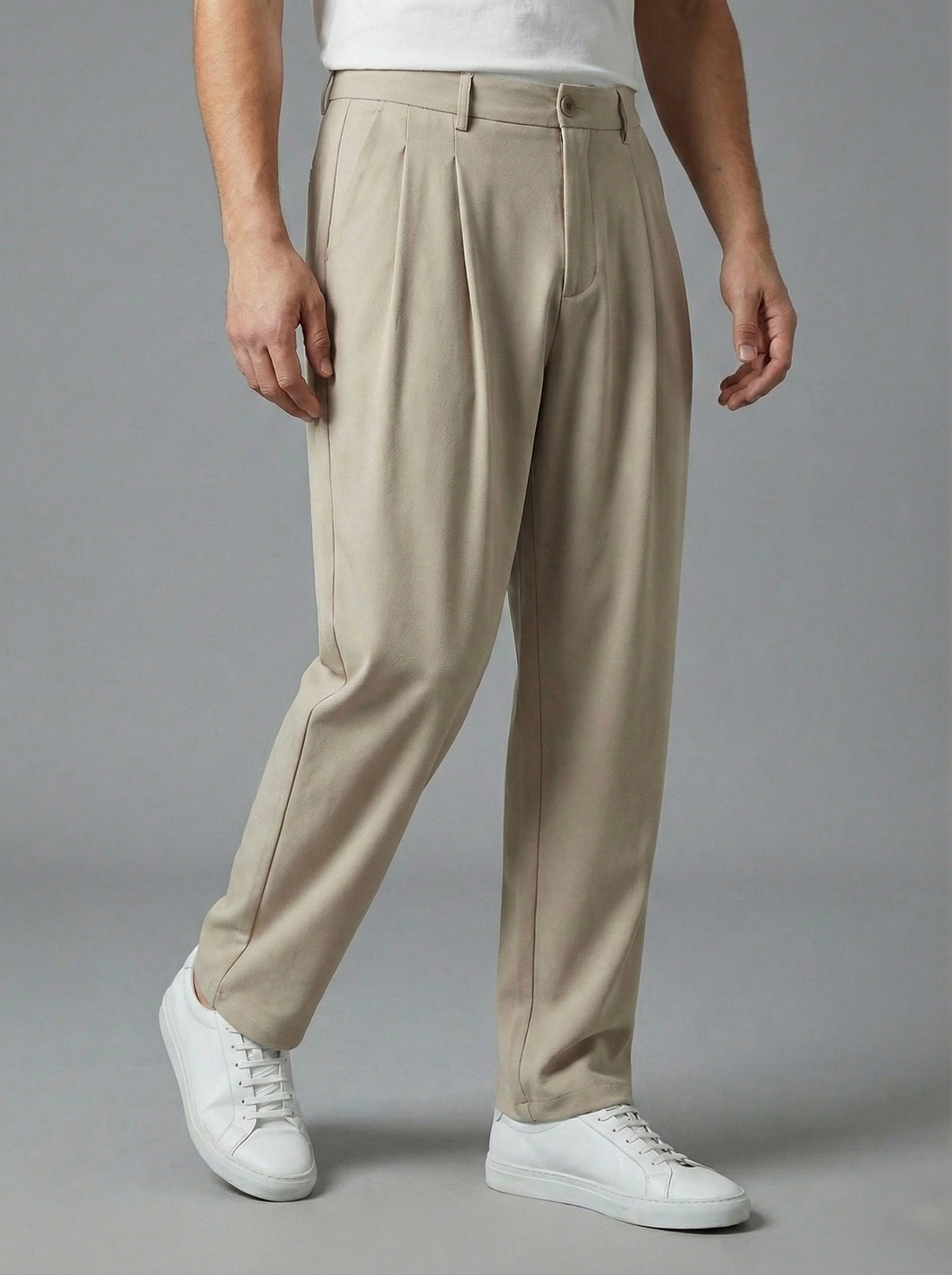 Erkek Standart Baggy Kalıp Çift Pileli Kumaş Pantolon -  Bej BGY05