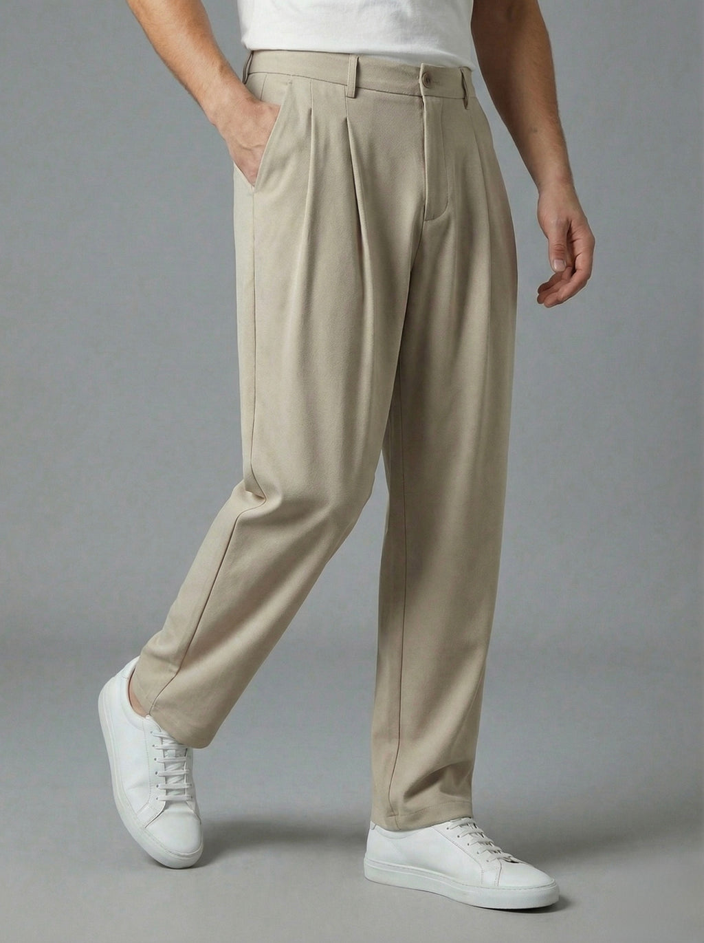 Erkek Standart Baggy Kalıp Çift Pileli Kumaş Pantolon -  Bej BGY05