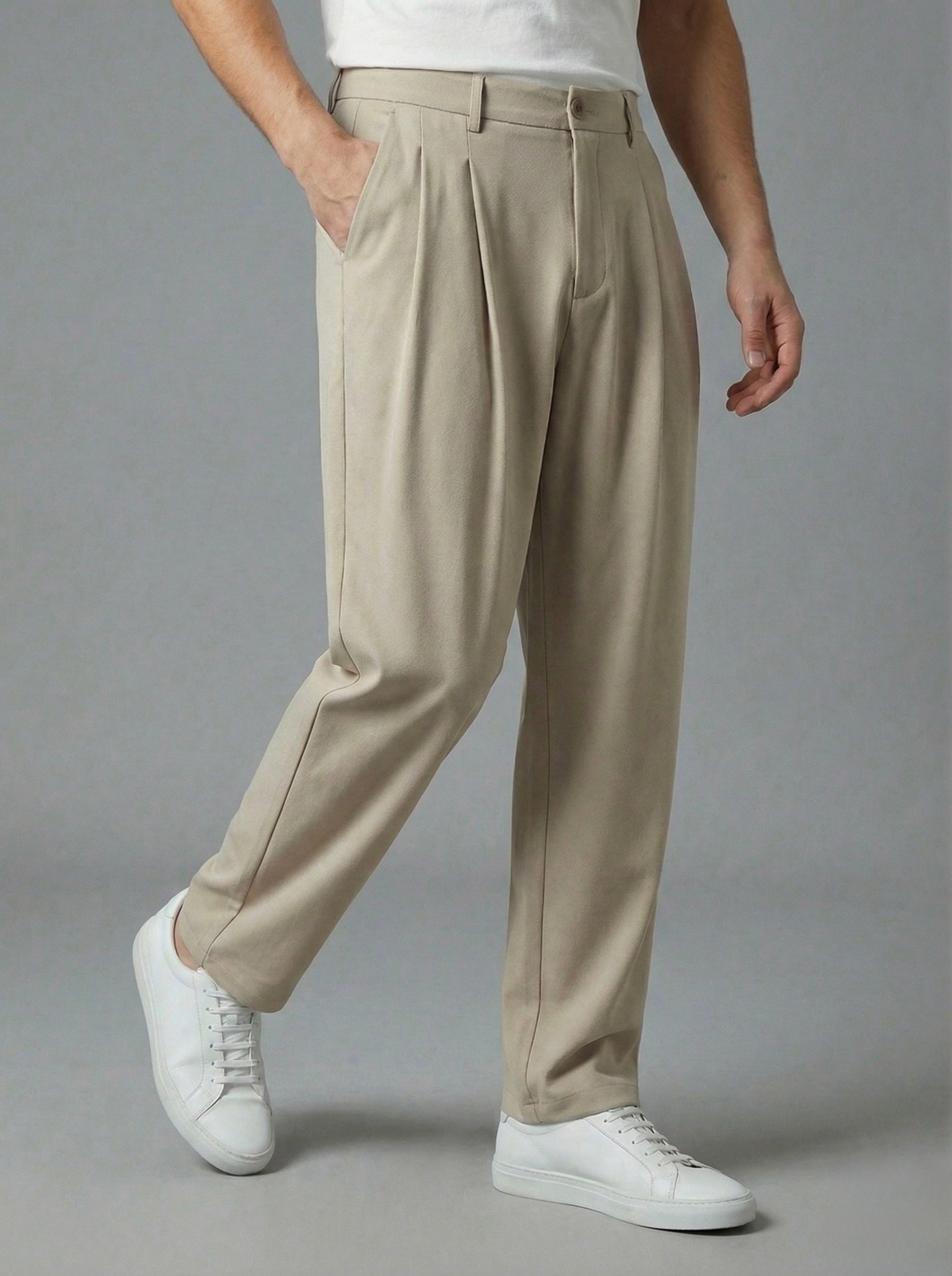 Erkek Standart Baggy Kalıp Çift Pileli Kumaş Pantolon -  Bej BGY05