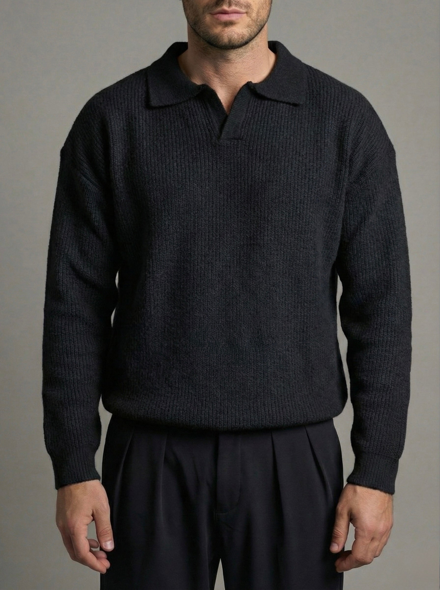 Erkek Premium Geniş Polo Yaka Triko - Siyah PYT01