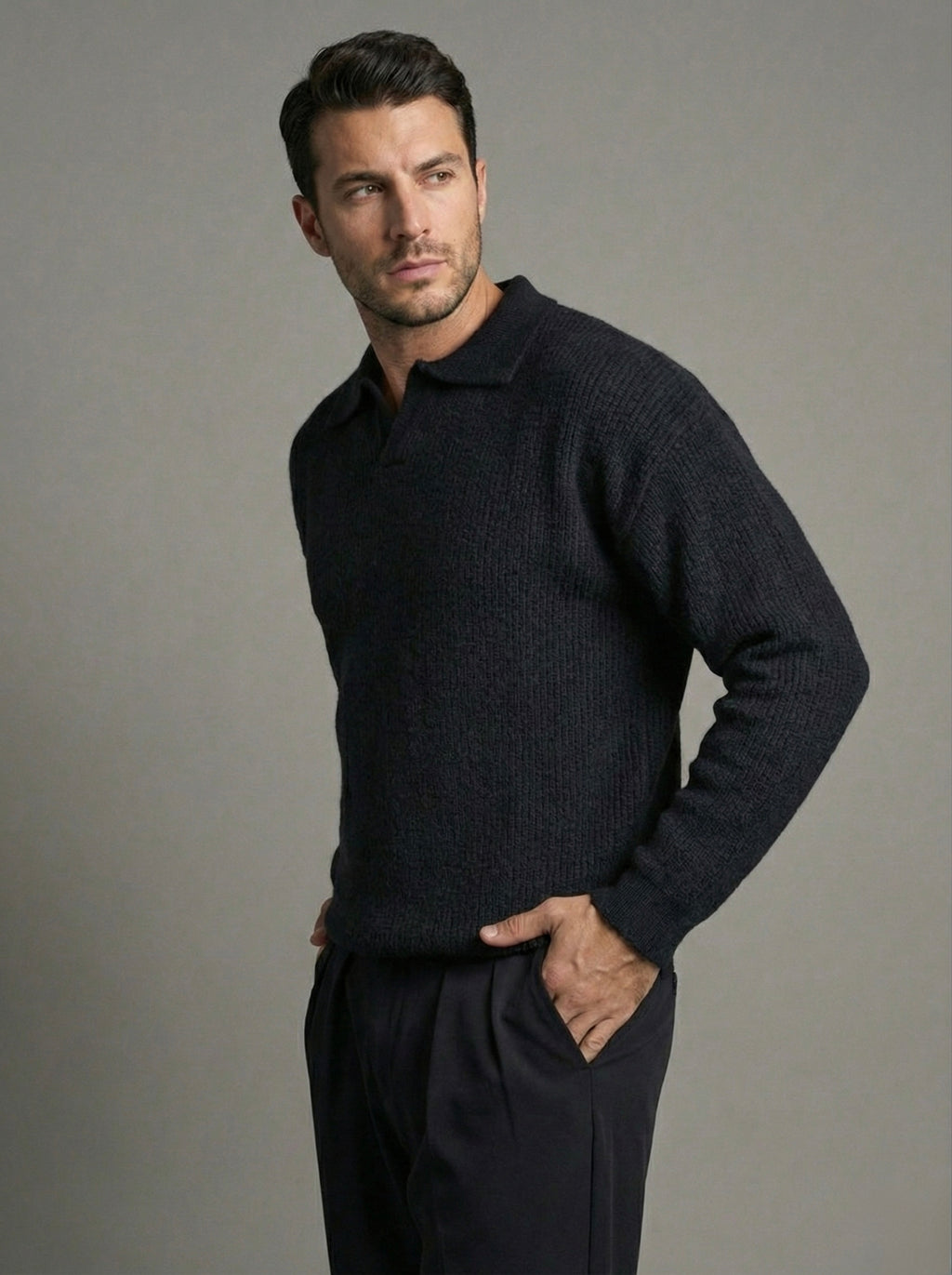 Erkek Premium Geniş Polo Yaka Triko - Siyah PYT01