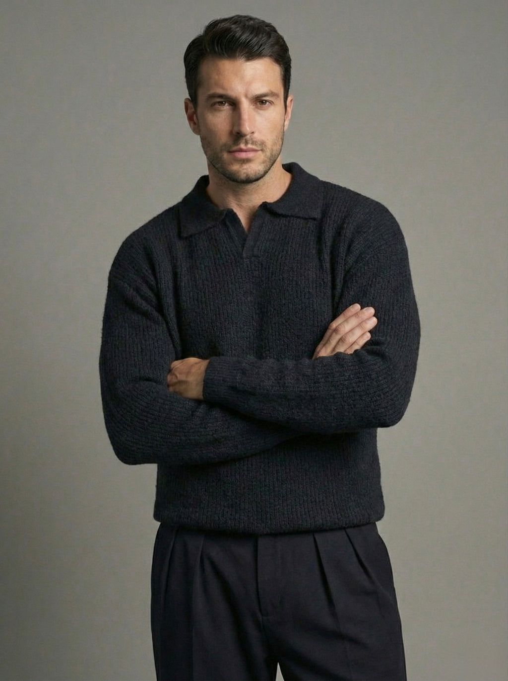 Erkek Premium Geniş Polo Yaka Triko - Siyah PYT01