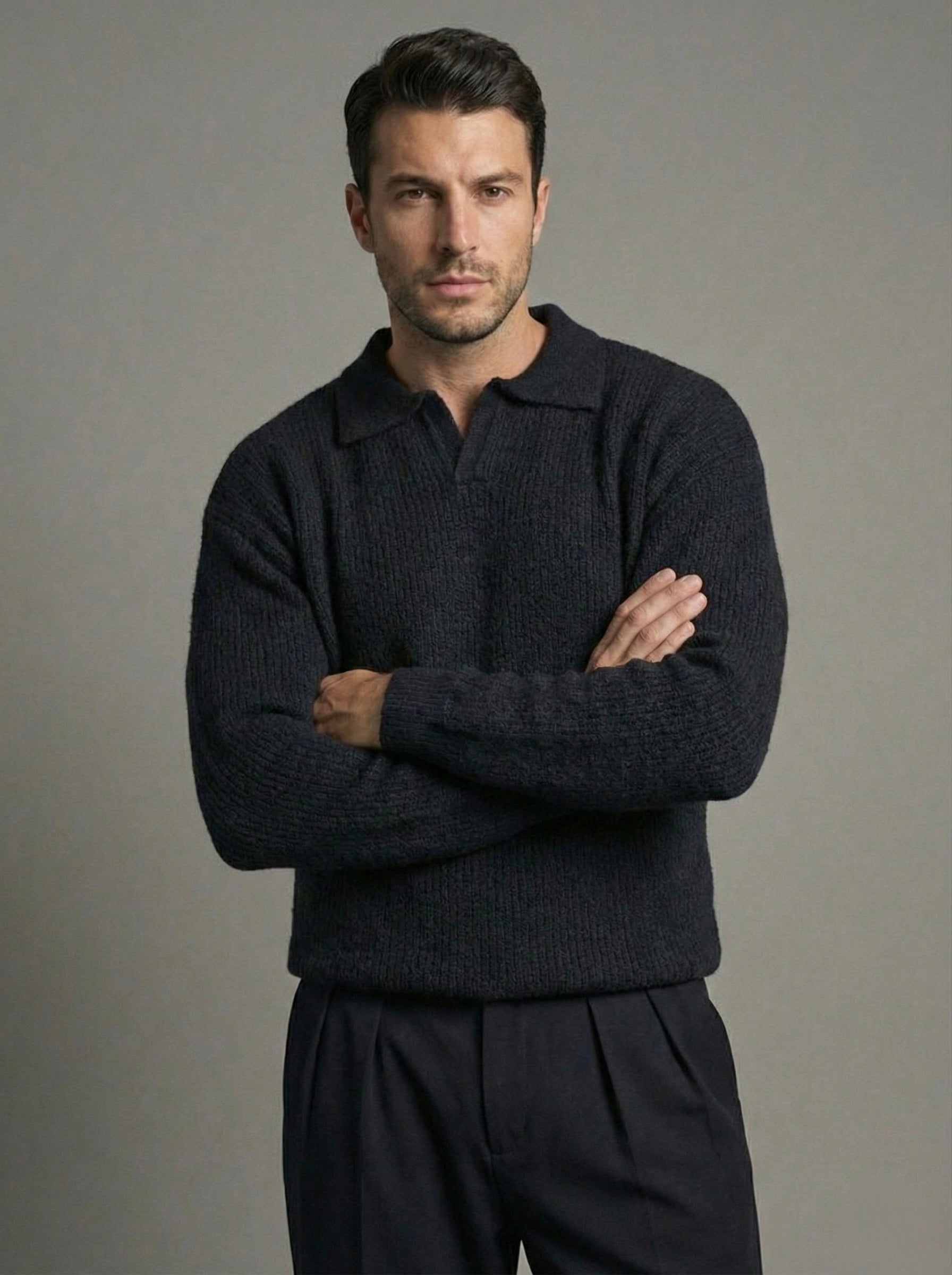 Erkek Premium Geniş Polo Yaka Triko - Siyah PYT01