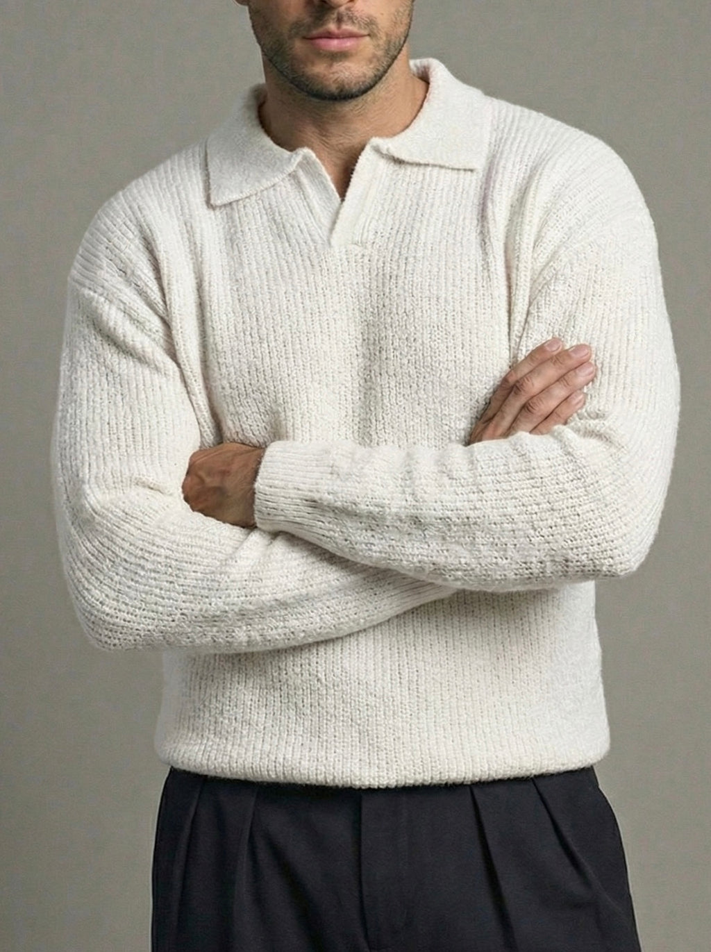 Erkek Premium Geniş Polo Yaka Triko - Beyaz PYT04