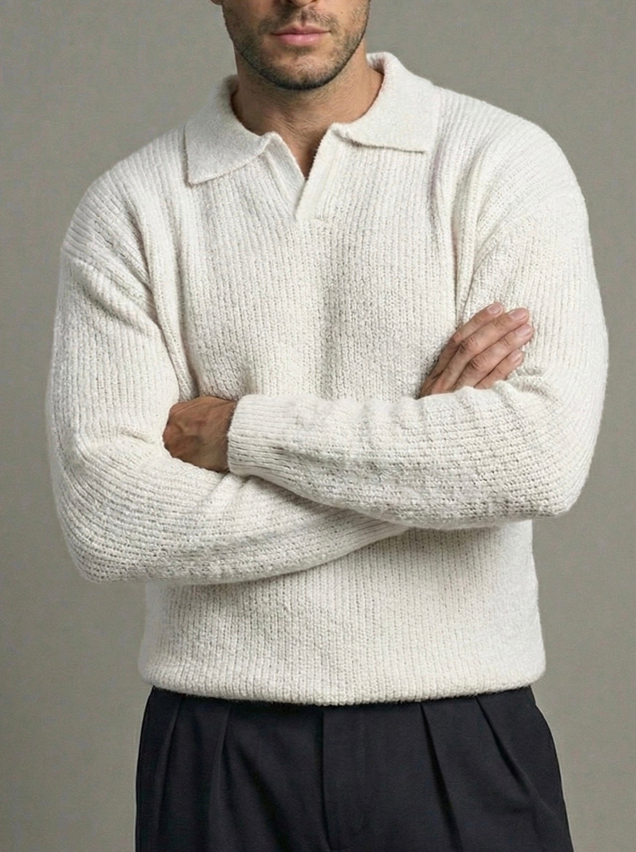 Erkek Premium Geniş Polo Yaka Triko - Beyaz PYT04