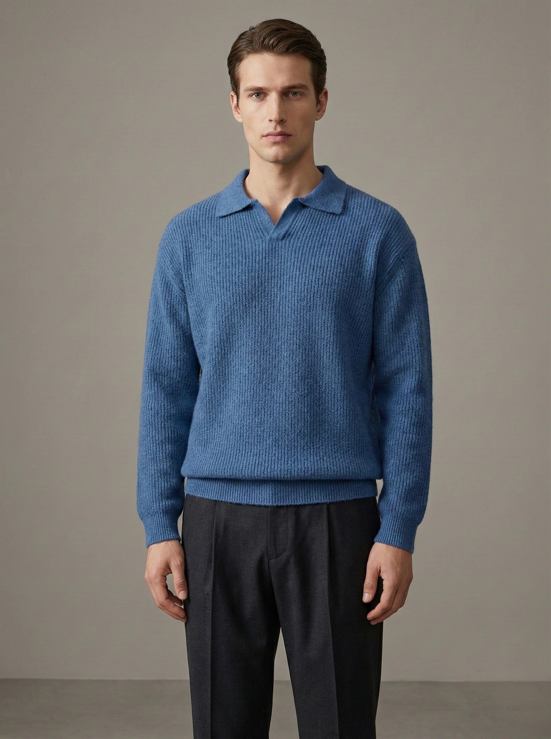 Erkek Premium Geniş Polo Yaka Triko - Mavi PYT02