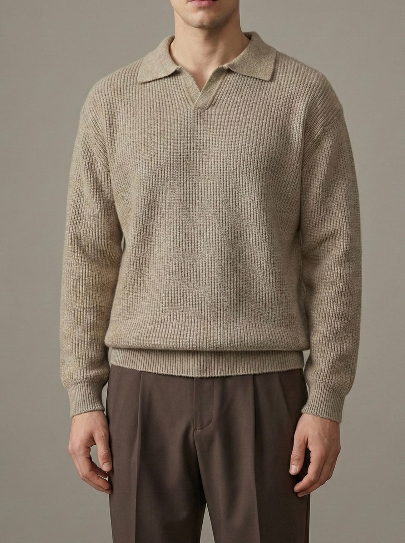 Erkek Premium Geniş Polo Yaka Triko - Kahverengi PYT03