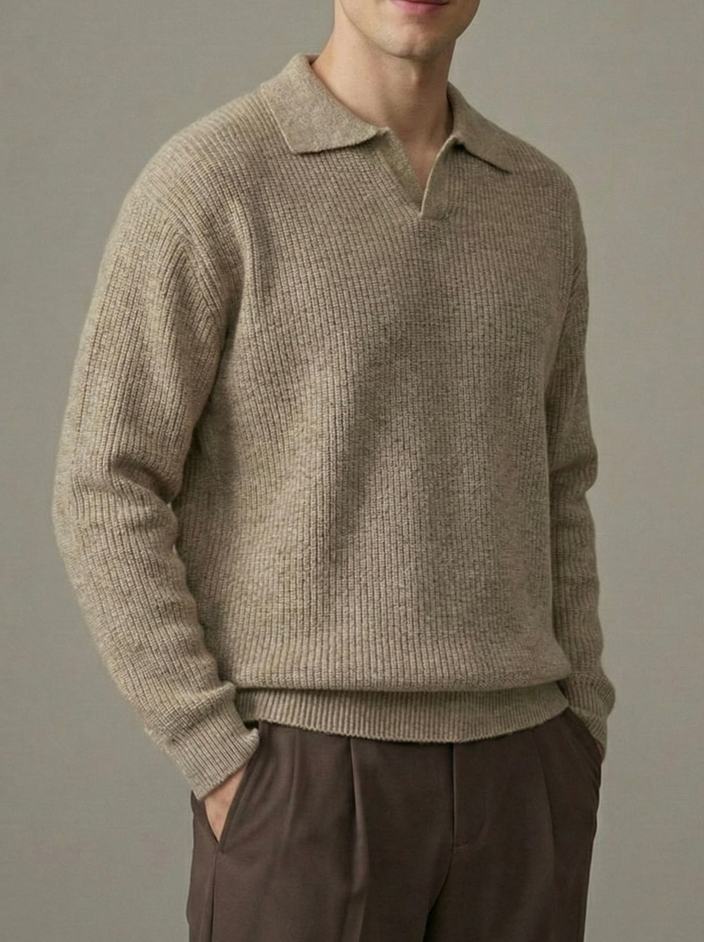 Erkek Premium Geniş Polo Yaka Triko - Kahverengi PYT03