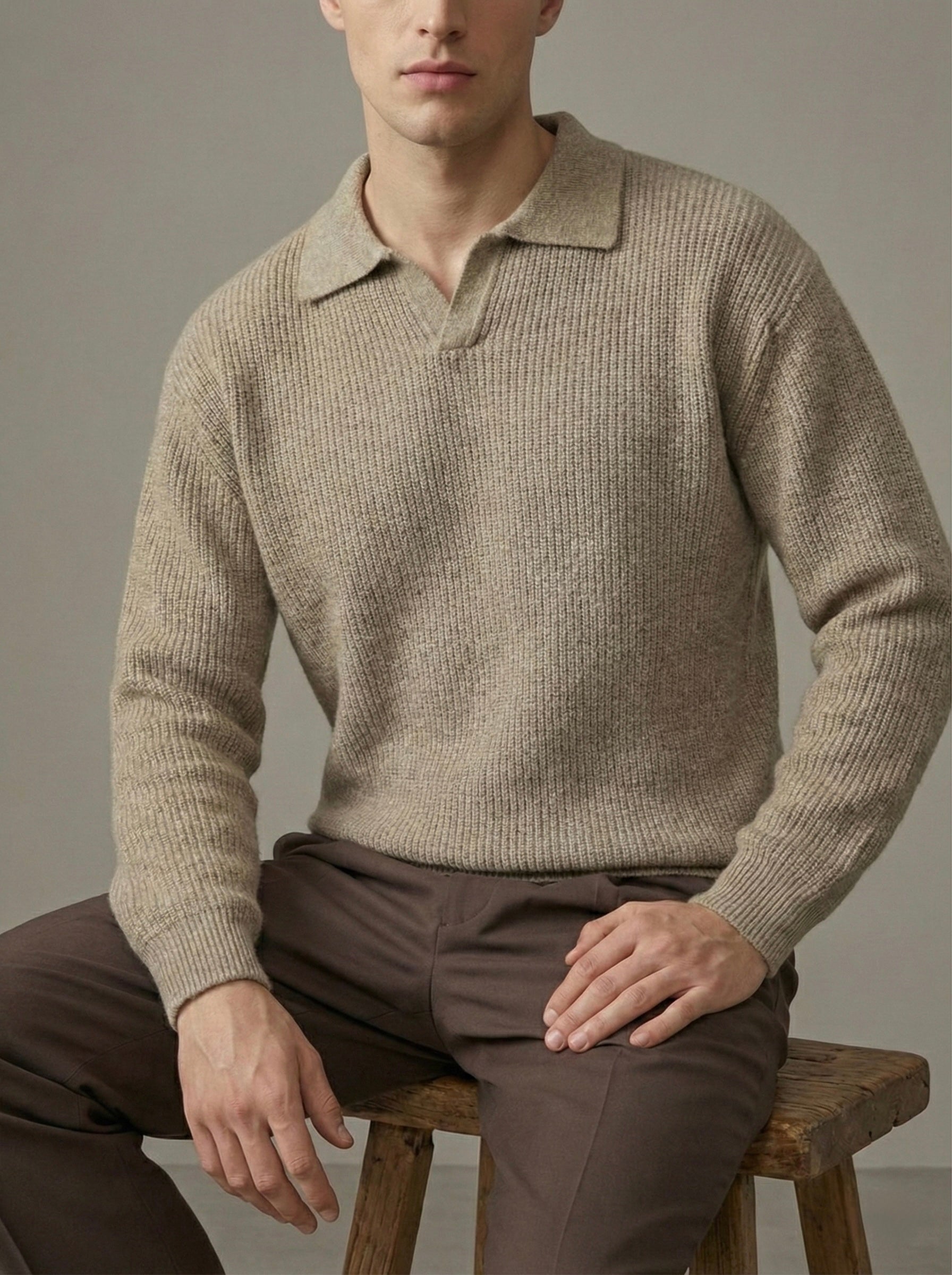 Erkek Premium Geniş Polo Yaka Triko - Kahverengi PYT03