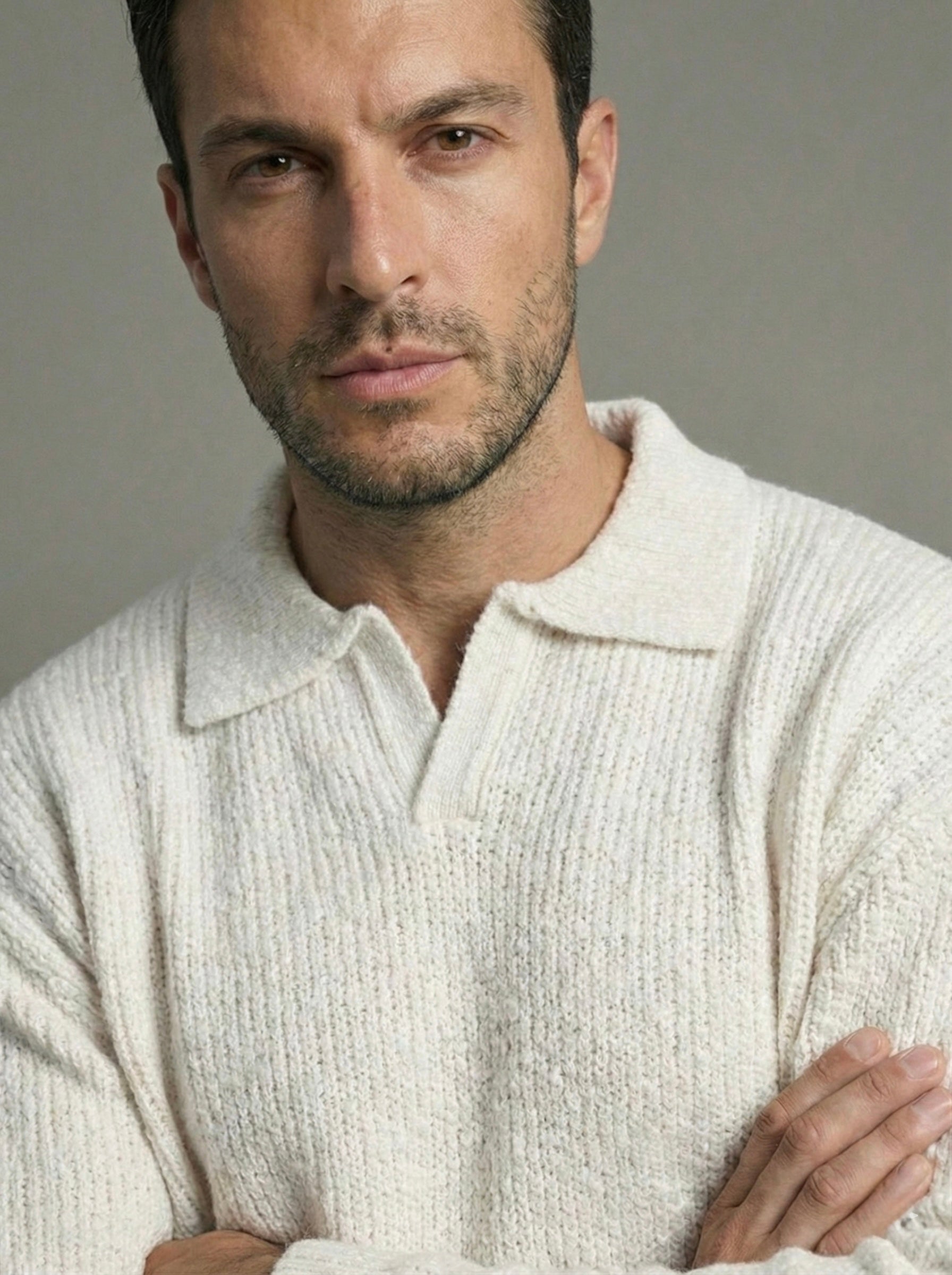 Erkek Premium Geniş Polo Yaka Triko - Beyaz PYT04