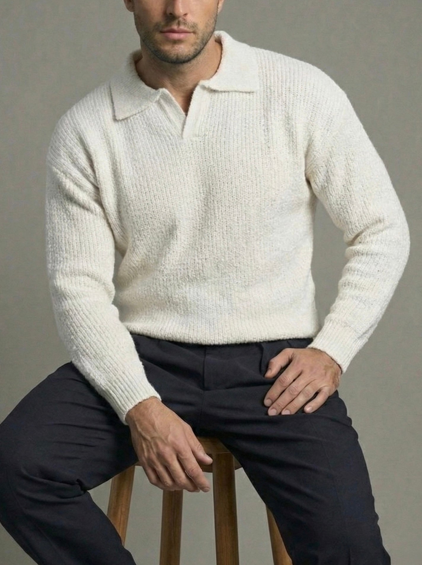 Erkek Premium Geniş Polo Yaka Triko - Beyaz PYT04