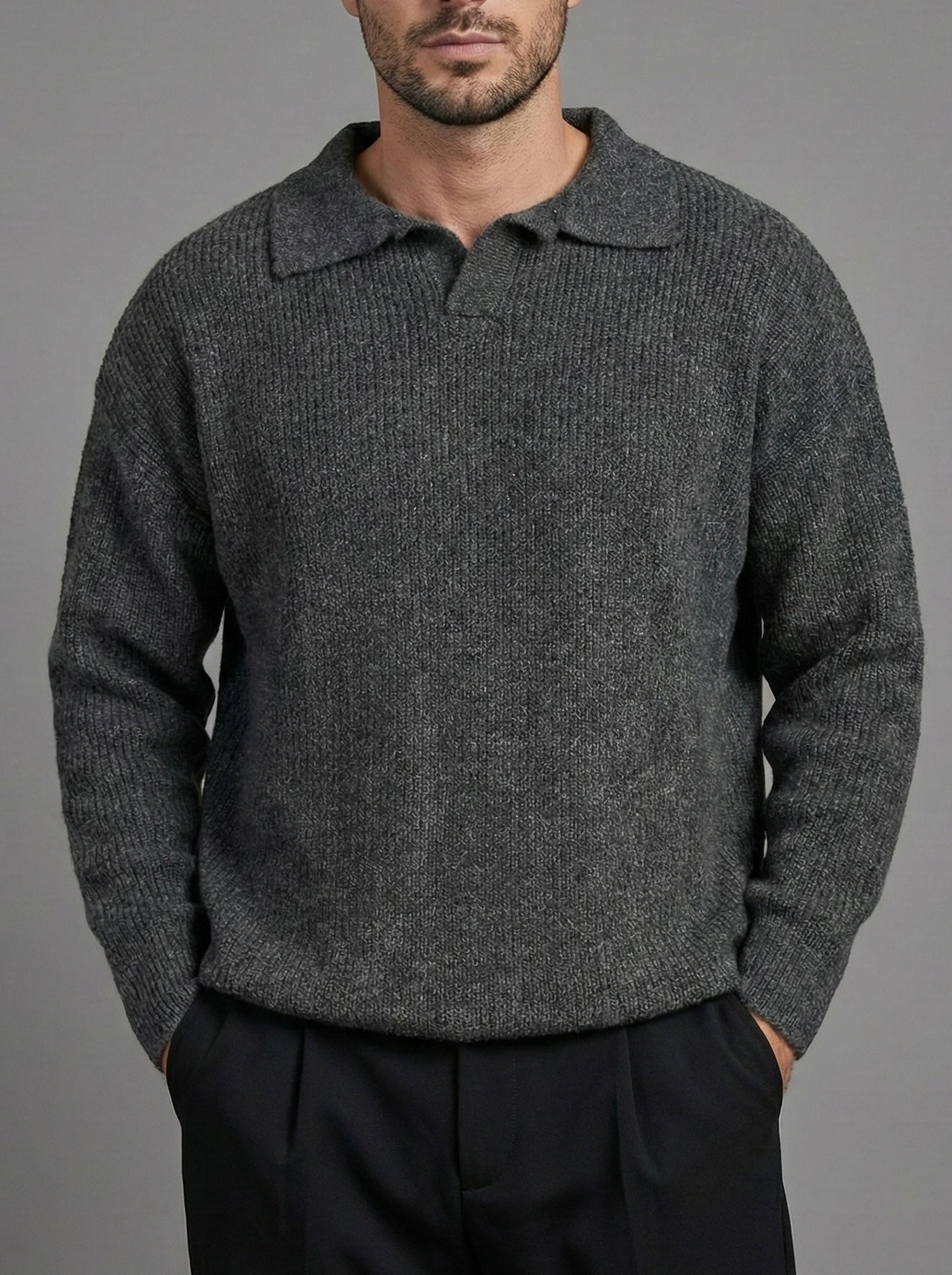 Erkek Premium Geniş Polo Yaka Triko - Koyu Gri PYT05