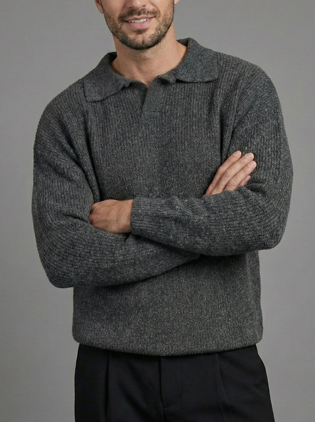 Erkek Premium Geniş Polo Yaka Triko - Koyu Gri PYT05